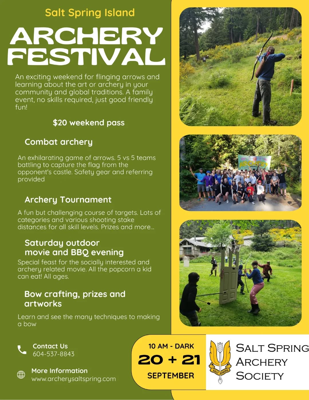 This weekend! See if you can handle all the fun 🏹💪🤪🎯
.
Combat archery
.
Open practice range
.
Tournament
.
Bows and crafts
.
Saturday movie and BBQ evening
.
Good times
.
Spectators welcome, bows and coaching for beginners.
.
Camp spots available
.
.
.
#archery
#archeryfestival
#archeryclub
#gulfislandevents
#ssi
#targetpractice