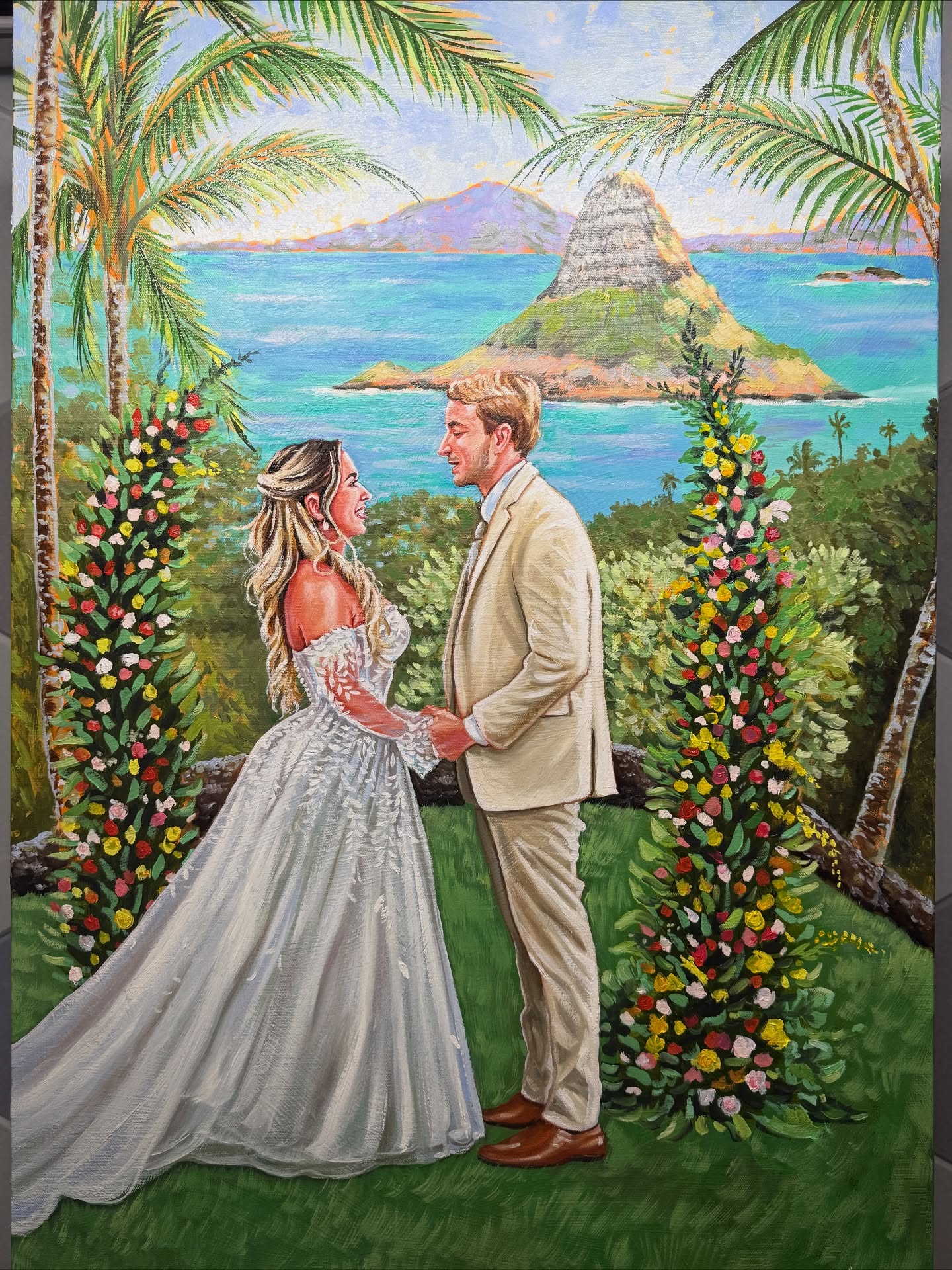 In August I had the joy of painting this gorgeous wedding at PalikĹŤ Gardens at Kualoa Ranch. With Chinamanâs Hat and the turquoise Pacific in the background, every brushstroke was pure magic đ´đ
Swipe to see the details up close â the brideâs lace, the groomâs smile, the floral arch, and that iconic view. Live painting is my favorite way to capture the energy, love, and scenery of a wedding day in real time đ¨đ
#OahuWedding #KualoaRanch #PalikuGardens #LiveWeddingPainting #MauiWeddingArt #DestinationWeddingArtist