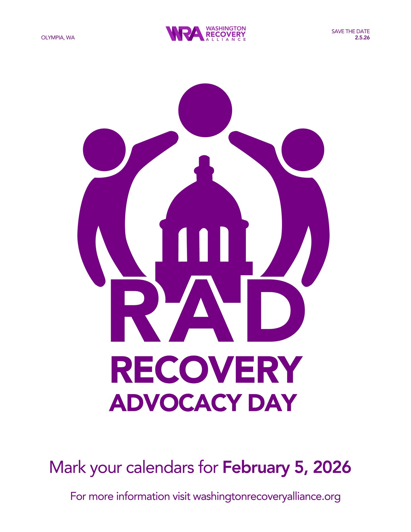 📣 Get ready, Washington… it’s almost time! #RAD2026
💜 Recovery Advocacy Day
Thursday, February 5, 2026
Olympia, WA
Big energy. Big impact. One unforgettable day.
Mark your calendars – RAD 2026 is coming!
#RAD2026 #RecoveryAdvocacyDay #WARecovery #Root4Recovery