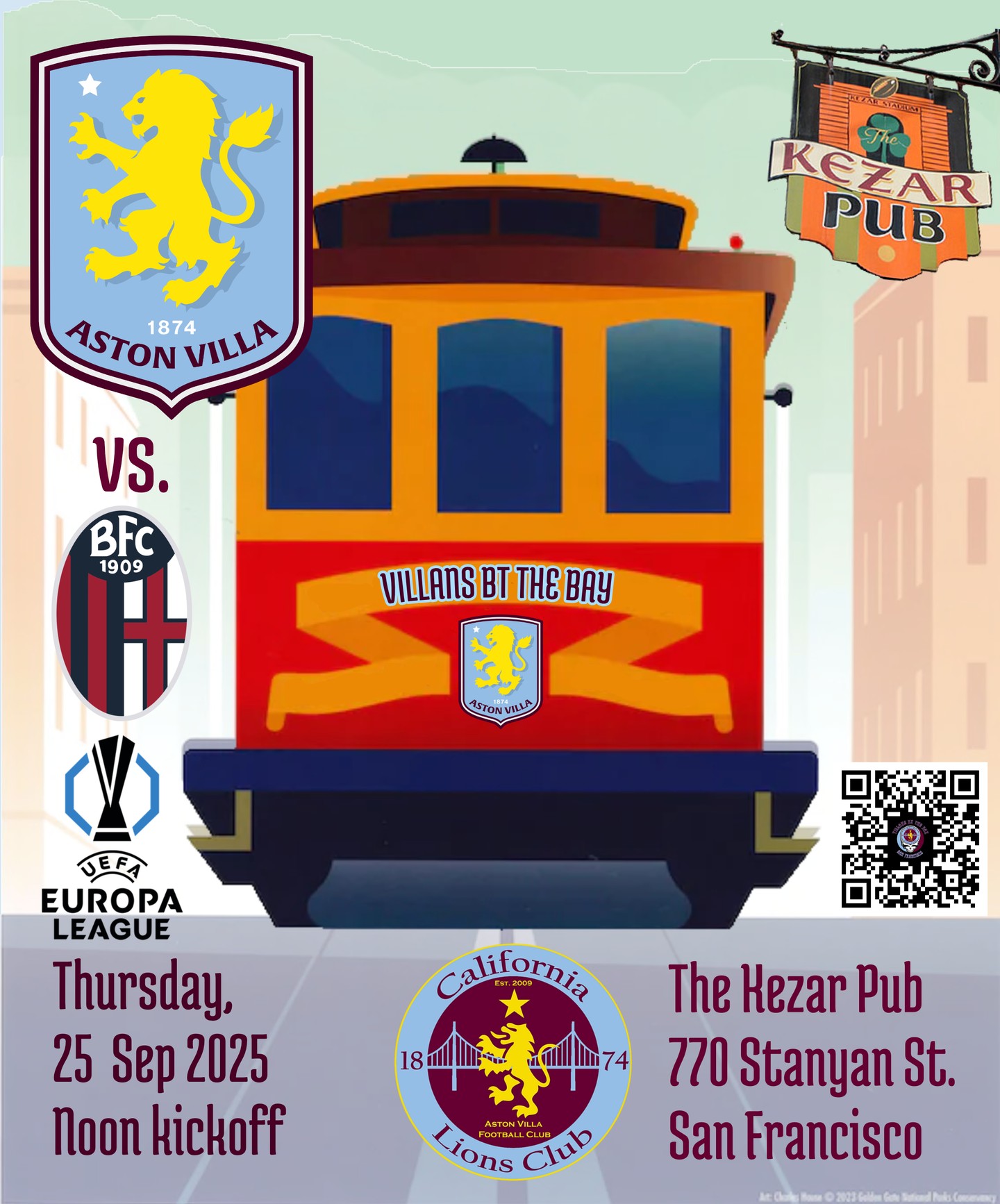 @europaleague @avfcofficial vs Bologna; Thursday, 25 Sep 2025, Noon kickoff (PT); @kezarpub 770 Stanyan St. San Francisco #VillansByTheBay