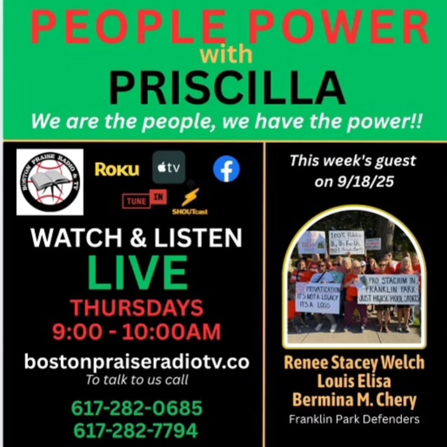 Tomorrow at 9AM, three members of the Franklin Park Defenders will be interviewed by Minister Priscilla Flint on Boston Praise Radio’s People Power With Priscilla. Link to watch in bio!