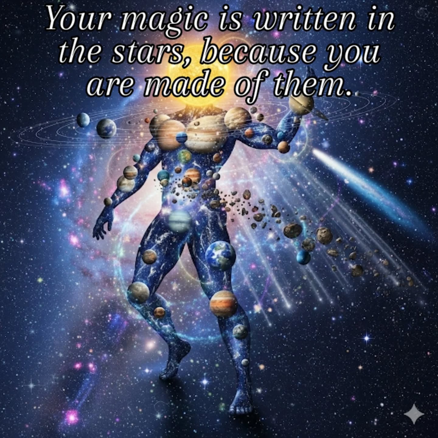 ✨ You Are Cosmic Magic Incarnate! ✨
Look deeply into the heart of the universe, and you'll find... YOU.
That breathtaking cosmic dance, those swirling nebulae, the stardust of ancient galaxies – it all resides within your very being. Every atom, every spark of life in you, has journeyed through untold eons, carrying the whispers of creation itself.
You are not just in the universe; you are a living, breathing, magnificent piece of it. A divine reflection of cosmic artistry, capable of dreaming, creating, and experiencing the profound magic of existence.
Feel the ancient wisdom in your bones, the starlight in your soul, the infinite potential pulsating in your heart. You are a miracle, a masterpiece, a magical expression of everything that is.
Embrace your inner cosmos. You are pure, unadulterated magic!
#CosmicMagic #SpiritualAwakening #InnerUniverse #YouAreMagic #DivineBeing #StardustSoul #EmbraceYourPower
And here's an image to go along with it, designed to enhance that feeling of personal cosmic magic: