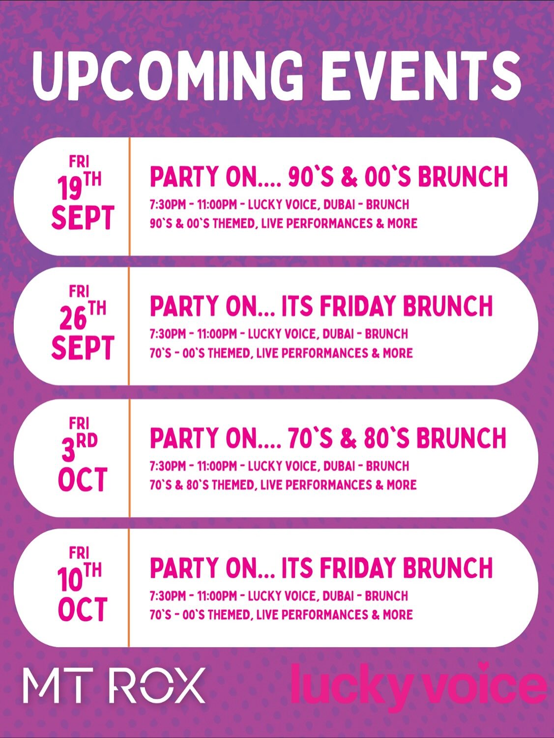 **NEW EVENT CALENDAR**
Party on………. Every Friday Night.
Check out all the events we have coming up
Friday Brunch at @luckyvoicedubai
Get booking now
Call 800 LUCKY or WhatsApp 052 991 6979