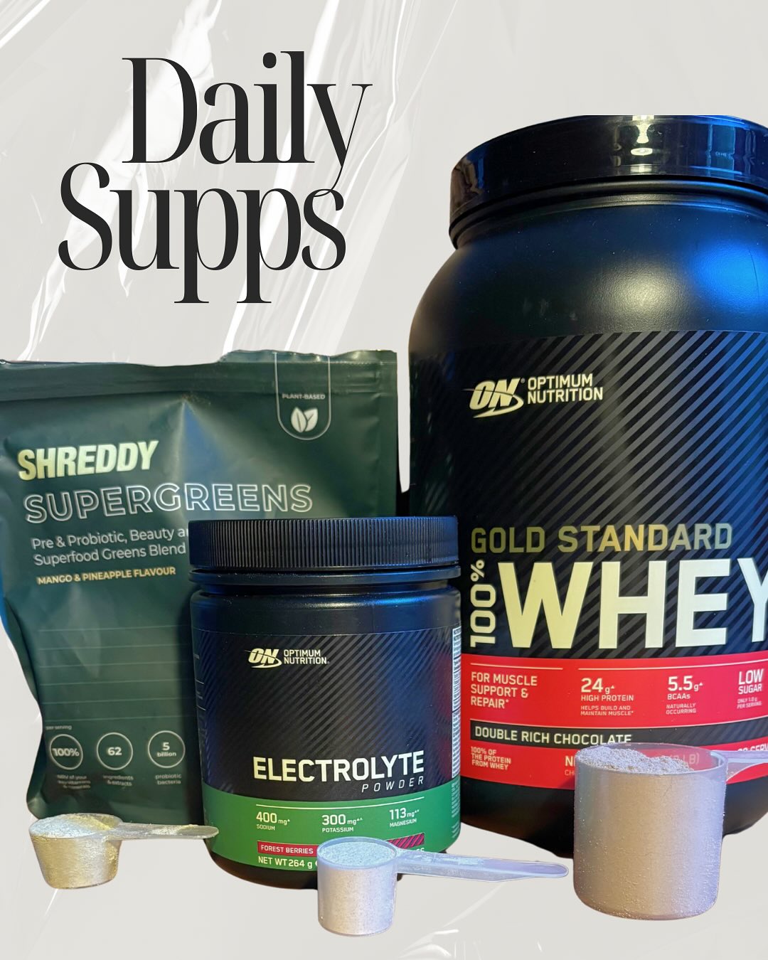 In the final leg of my photoshoot prep and I promised I’d talk through my supplement routine. Supplements are very specific person to person but this is what works for ME.
I’ve been starting my day with 3 powdered supplements:
- 1 scoop Shreddy Supergreens which offers a blend of probiotic and vitamins for gut health, energy, digestion, immune support and a number of skin hair and nails benefits.
- 1 scoop Optimum Nutrition Electrolytes to help hydrate and balance fluids, reducing tiredness and fatigue whilst supporting muscle function.
The two blend nicely together to make a sweet morning juice that gives my body a hit of nutrients and hydration to kickstart the day.
- 1 scoop of Optimum Nutrition Double Rich Chocolate protein powder, added to my coffee and prepped the night before. This gives me 24g protein before my day has even started to help preserve my muscle during the final stages of my cut.
Yes, I use the same supplements distributor that your granny uses to remember to take her pills. But without it sitting on the side waiting to greet me each morning I would forget my supplements all together, so it’s a big win for me. Don’t knock it til you’ve tried it!
- Iron bisglycinate - 3 months ago I discovered I had an iron deficiency which meant I was constantly tired, quickly became breathless, and struggling through my workouts, so I supplemented daily for 2 months to replenish my iron stores and am now weaning off. Please note, too much iron is toxic so it should only be taken as directed by your doctor.
- Vitamin D & K2 - Most people in the UK are deficient in Vitamin D as our primary source comes from sunshine. It’s important for bone and heart health, and can be absorbed best when paired with K2.
- Creatine - a wonder supplement that is totally natural, it aids in building muscle mass and sustaining training performance, and comes with a host of cognitive benefits for a healthy brain
- Omega 3 - supports healthy joints, heart and brain, as well as boasting anti-inflammatory properties and supporting skin health
#supplements #sportssupplements #electrolyes #proteinpowder #shreddy #vitamins #health #nutrition #optimumnutritionuk