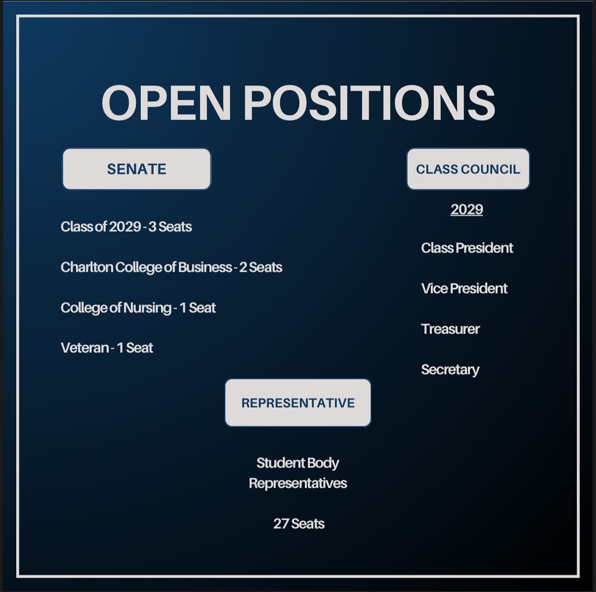 ‼️OPEN POSITIONS‼️
Here are our open positions for the 2025-2026 academic year! Join SGA and represent your Student Body🥶 Candidacy Form drops 12pm TODAY🤩🥳