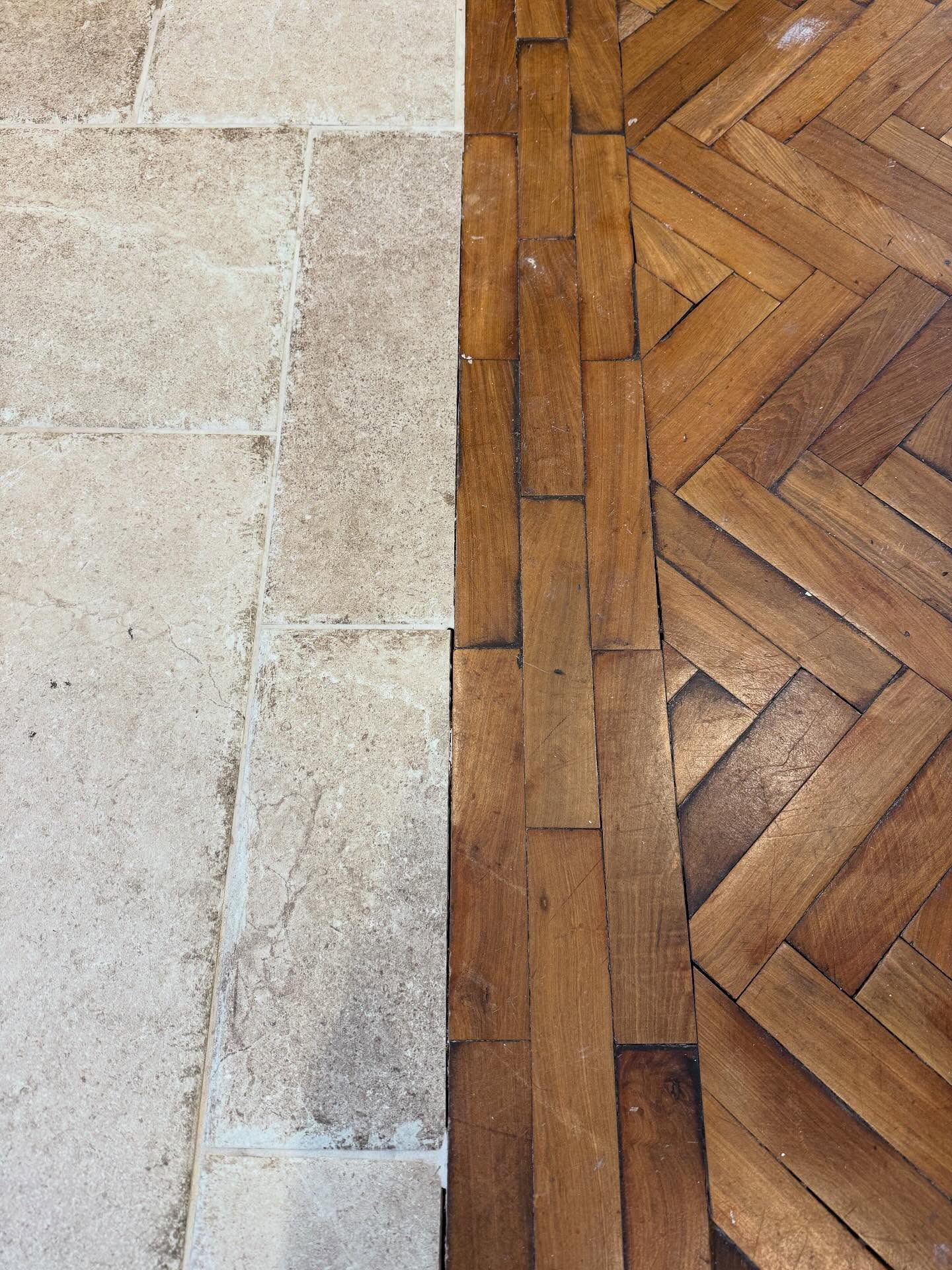 Where old meets new - we laid an oak parquet floor many moons ago and came back for a kitchen fit and tiled the floor along side
