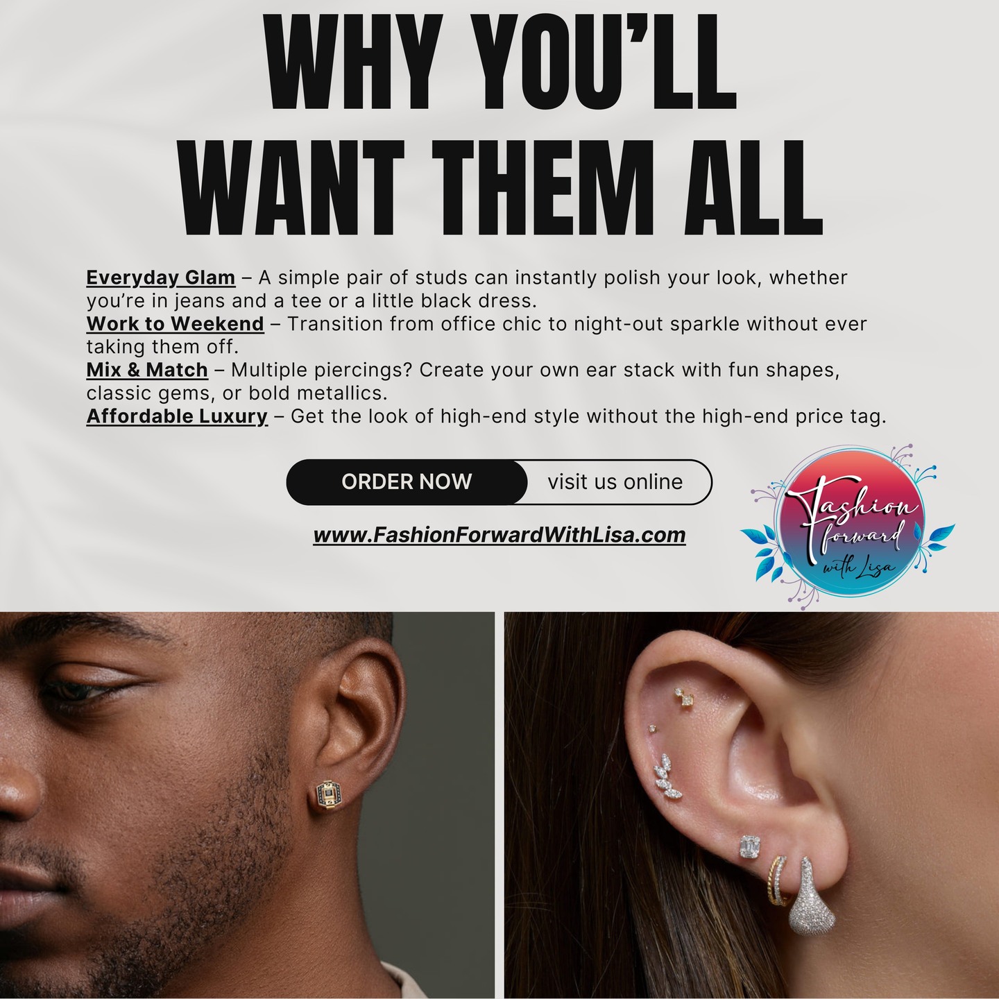 Why You'll Want Them All:
Everyday Glam – A simple pair of studs can instantly polish your look, whether you’re in jeans and a tee or a little black dress.
Work to Weekend – Transition from office chic to night-out sparkle without ever taking them off.
Mix & Match – Multiple piercings? Create your own ear stack with fun shapes, classic gems, or bold metallics.
Affordable Luxury – Get the look of high-end style without the high-end price tag.
visit us online at:
FashionForwardWithLisa.com
and check out our 5 star reviews on google.
#fashion #FashionTrends #fashionstyle #smallbusiness #smallbusinessowners #longisland #suffolkcountyny #nassaucountyny #FashionForward #FashionFinds #clothing #handbags #lakegrove #smallshopsdreambig #womensaccessories #jewelry #shopnow
#womensclothing #womensclothingstore
#shopping #shoppingonline