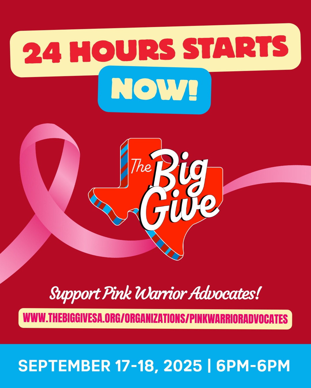⏰ The Big Give is officially LIVE! ⏰
From now until tomorrow at 6 PM, you have 24 hours to make a BIG impact for local breast cancer warriors through Pink Warrior Advocates. 💖
Every donation helps us provide financial aid, emotional support, and resources for those facing breast cancer in our community. Together, we can bring hope, strength, and support where it’s needed most.
🌟 Give now and join us in making a difference: https://www.thebiggivesa.org/organizations/pinkwarrioradvocates
PLEASE SHARE THIS POST WITH YOUR FRIENDS, FAMILY, AND COLLEAGUES! 💌
#BigGive2025 #PinkWarriorAdvocates #SupportLocal #BreastCancerAwareness