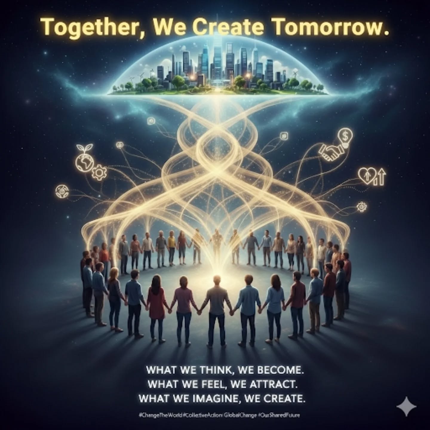 Create Tomorrow.
"What you think, you become. What you feel, you attract. What you imagine, you create."
These aren't just personal mantras; they're a blueprint for global change. Every solution, every movement, every better world we've ever known started with these principles in action.
Think Solutions, Not Problems: When our collective minds focus on possibilities and common ground, we shift from societal paralysis to proactive change. Let's redirect our mental energy towards a thriving future.
Feel Hope, Attract Progress: Fear and division attract more of the same. By cultivating empathy, compassion, and shared purpose, we create a magnetic force for positive transformation. Let's fuel our actions with unwavering belief.
Imagine a Better World, Then Build It: Every city, every invention, every right we cherish, began as an image in a mind, then a shared vision. What future do we truly desire? A just, sustainable, equitable world? Let's stop accepting the status quo and boldly imagine what's possible. Then, let's unite to make it real.
This is about conscious action, driven by powerful collective intent. Your thoughts, your feelings, and your imagination are the seeds of a better world.
Together, we create tomorrow.
What will you imagine into existence for our world today?
#ChangeTheWorld #CollectiveAction #Manifestation #GlobalChange #ImagineBetter #FutureIsOurs #YouAreTheCreator