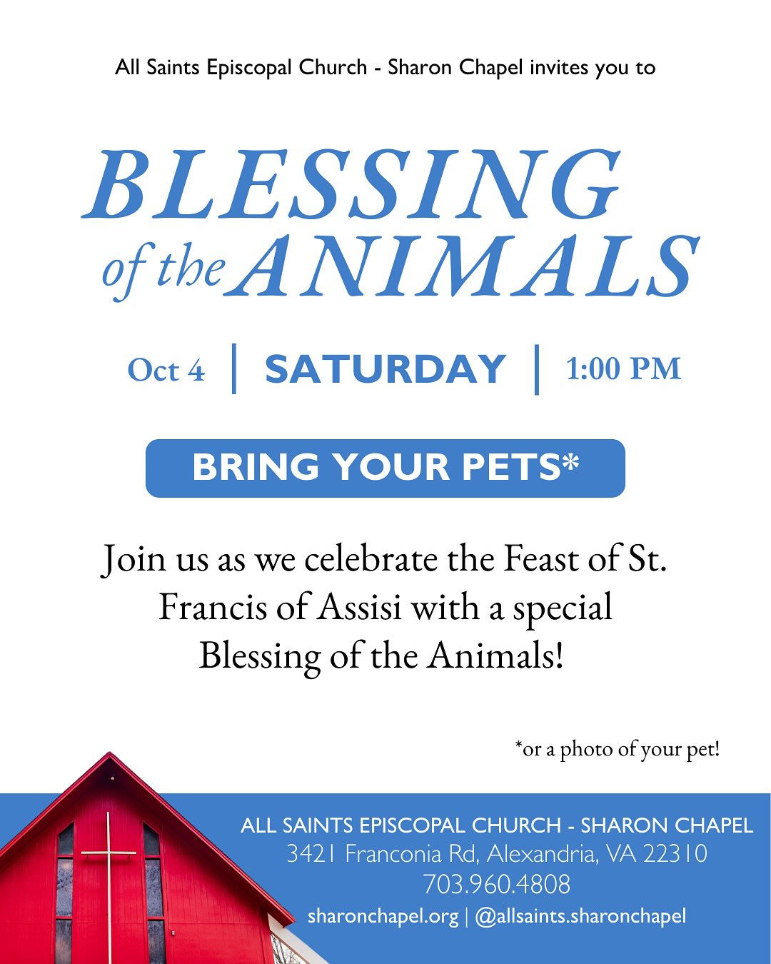 🐾 Join us as we celebrate the Feast of St. Francis of Assisi with a special Blessing of the Animals! Bring your beloved companions—from furry to scaly—on Saturday, October 4th at 1:00 p.m. to give thanks for the joy they bring to our lives. All are welcome!