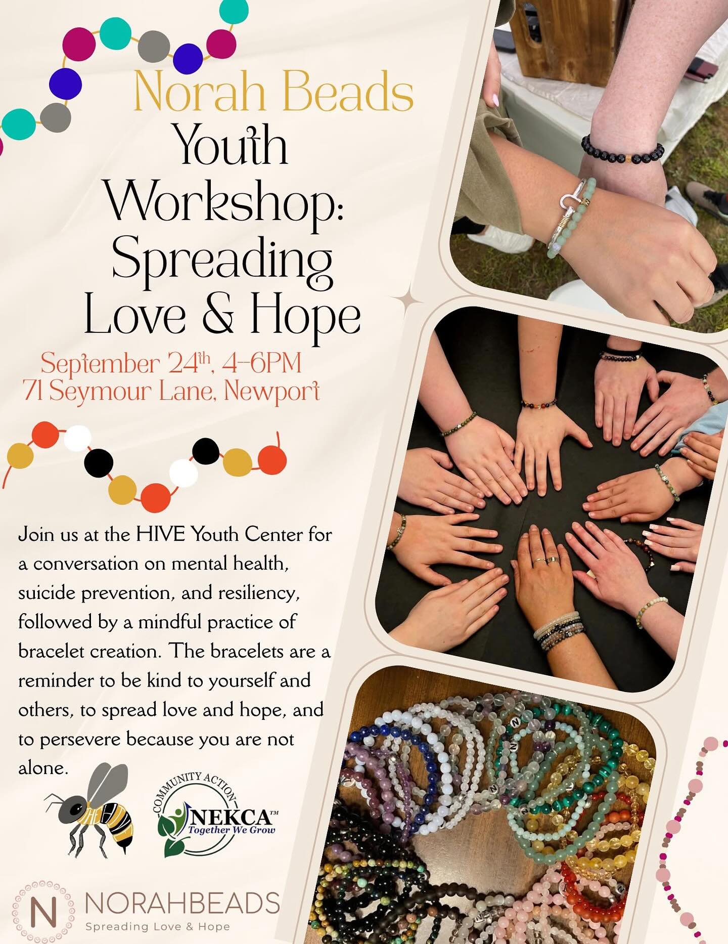 It’s suicide prevention and awareness month. Come and join us at the Hive Teen center in Newport to share mindful discussions and make a couple bracelets- one to wear and one to share, to remind yourself and others they are not alone and there are people who want to help.