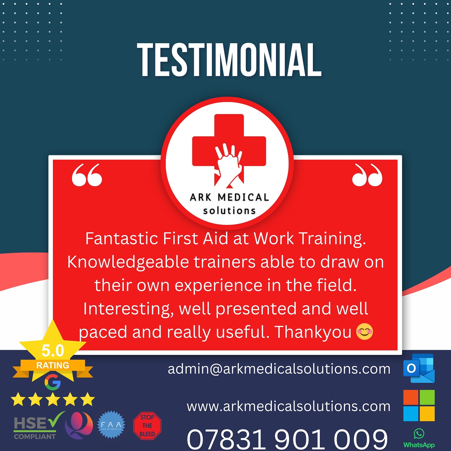 💚Get Trained By Those That Do The Job: Ark Medical Solutions!🩸
At Ark Medical Solutions, we believe that effective first aid training can save lives. That’s why we offer 5 star first aid courses led by real emergency service professionals. Our instructors bring firsthand experience and knowledge from the field, ensuring you receive practical, relevant training that makes a difference in real-life situations.
💚Why Choose Ark Medical Solutions?💚
Expert Instructors: Our courses are delivered by seasoned professionals who work in emergency services, providing insights and skills that you won’t find in traditional training programs.
High Satisfaction: We take pride in our 5-star Google reviews, showcasing our commitment to excellence and customer satisfaction. Our students consistently report feeling more confident and prepared after completing our courses.
Real Testimonials: Here’s what some of our past participants have to say:
- “The course was incredibly informative and engaging. Learning from someone who has actually been on the front lines made all the difference!” – Sarah M.
- “I now feel equipped to handle emergencies thanks to Ark Medical Solutions. The practical scenarios were invaluable!” – John D.
Supplies for Success: In addition to our training courses, we also provide a wide range of first aid equipment and supplies, ensuring you have everything you need to respond effectively in an emergency.
Whether you’re a business looking to train your staff or an individual wanting to be prepared, Ark Medical Solutions is here to help.
🔗 Sign up today and experience the difference of learning from those who know what it takes to save lives! Visit our website or contact us for more information.
www.arkmedicalsolutions.com