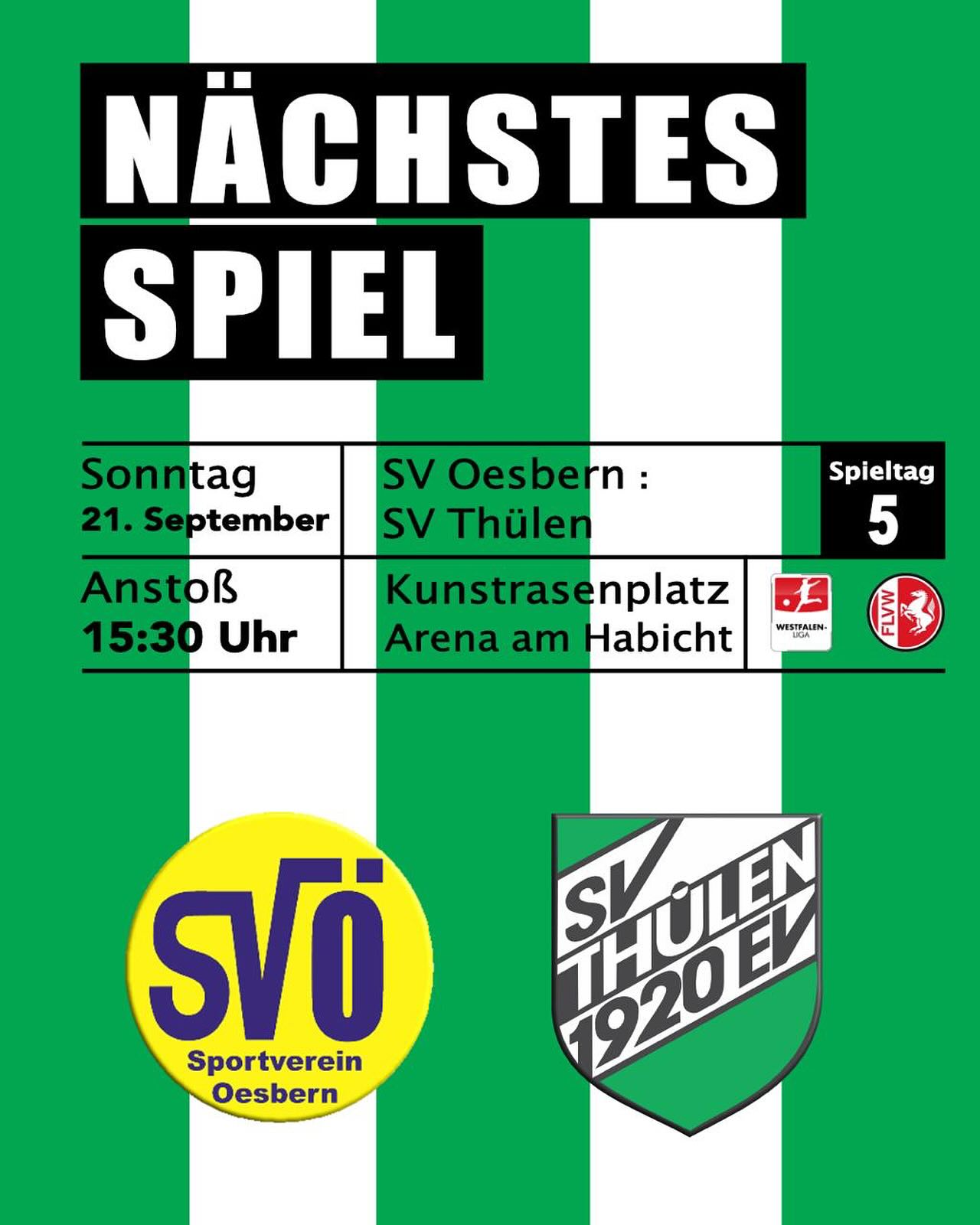 ⚽ SVT-Damen müssen beim Tabellennachbarn antreten ⚽
Nach den Highlight-Spielen gegen den Regionalligisten Borussia Dortmund I, gegen Aufstiegskandidat FC Schalke 04 und gegen die zweite Welle des BVB sind die Fußballdamen des SV Thülen zurück im Ligaalltag.
Auf dem Programm steht das Auswärtsspiel gegen den SV Oesbern.
Der Gastgeber aus dem Stadtgebiet Menden im Märkischen Kreis rangiert mit 6 Punkten und einem Torverhältnis von 5:6 einen Platz vor dem SV Thülen.
Die Grün-Weißen belegen mit 4:15 Toren und 4 Punkten Rang 8 in der Tabelle.
In der letzten Saison konnten die „Habicht“-Kickerinnen beide Vergleiche für sich entscheiden. Auf dem Thülener Rasenplatz gab es für den damaligen Neuling eine deftige 5:0-Niederlage.
Im Rückspiel sah es lange nach einer kleinen Sensation aus. Da führten die Grün-Weißen bis zur 60. Minute mit 3:1. Eine gelb-rote Karte brachte die SVT-Damen leider noch auf die Verliererstraße. Der SVÖ nutzte die Überzahl eiskalt aus und behielt bei dem 6:3-Heimsieg alle Punkte am Habicht.
Das will die Mannschaft vom Trainerduo Werth/Heinke dieses Mal natürlich besser machen und an die gute Leistung von vor zwei Wochen in Amelsbüren anknüpfen.
Anstoß der Partie ist am Sonntag, 21.09.25, um 15:30 Uhr auf dem Kunstrasenplatz am Habicht in Menden-Lendringsen.