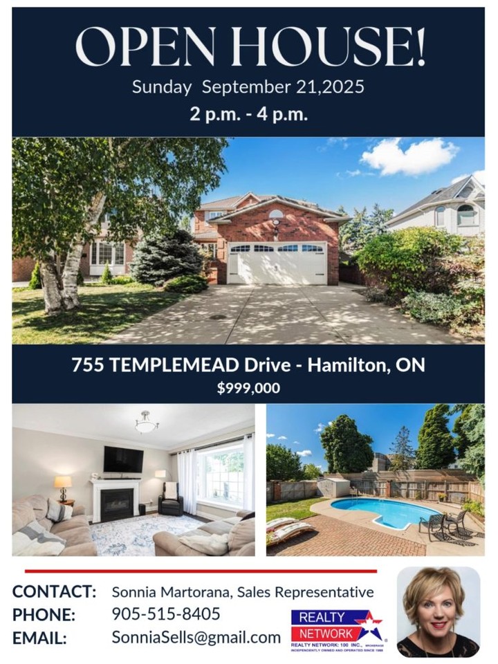 Open House - This Sunday!!
📍 755 Templemead Drive, Hamilton
📅 Sunday, Sept 21 | 2:00 – 4:00 PM
Discover this stunning 3-bedroom, 3.5-bath home that perfectly blends comfort, style, and entertainment – all in a sought-after Hamilton neighbourhood!
✨ Property Highlights:
✔ Backyard retreat with heated in-ground saltwater pool & relaxing hot tub
✔ Bright, open-concept living & dining room + versatile den
✔ Modern kitchen with breakfast bar & walkout to a covered deck
✔ Upstairs computer loft + oversized bedrooms
✔ Primary suite with walk-in closet & spa-inspired ensuite
✔ Fully finished lower level featuring a sleek wet bar, dual bar fridges, quartz counters, 3-pc bath & fruit cellar
✔ Recent upgrades: tankless water heater, waterproofing (2020), finished lower level (2021), pool equipment & more
Whether you’re entertaining friends or relaxing with family, this home has it all. Don’t miss your chance to see it in person!
📞 Contact Sonnia Martorana – Realtor
📱 905-515-8405 | Ancaster/Hamilton
#HamiltonRealEstate #AncasterHomes #OpenHouse #DreamHome #SonniaMartorana #NewListing