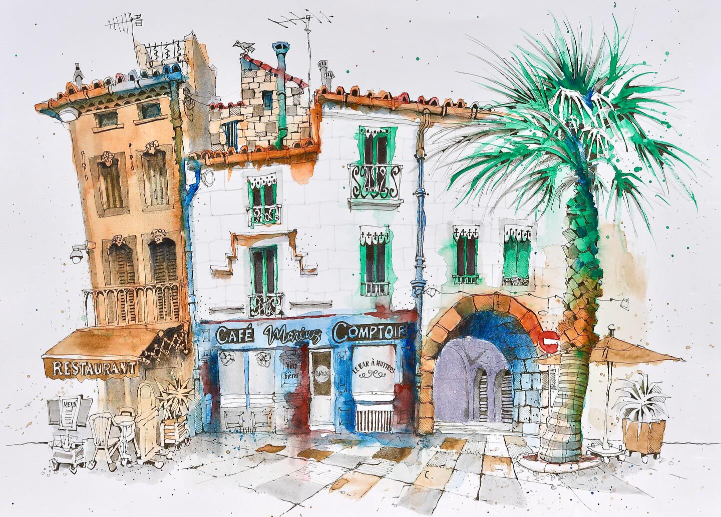 Last week’s superb workshop in Nimes with @ianfennelly and friends kicked off in the Place du Marche in the middle of town, featuring a palm tree which is apparently famous in local circles, plus a cafe whose upstairs windows gave us a good excuse to use a vibrant emerald green in the composition.
.
#art #artistsoninstagram #drawing #urbansketching #urbansketch #urbansketchers #kunst #oxfordshireartweeks #artist #penandink #penandinkdrawing #sketching #global_sketchers #urbansketchcourse #draw #sketch #artwork #artweeks #nîmes #nimes #placedumarché #france