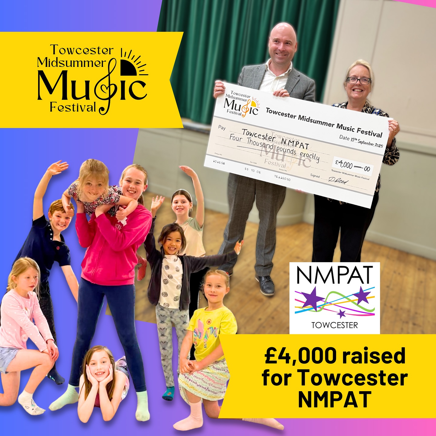 🎤 𝗧𝗵𝗲 𝗳𝗶𝗻𝗮𝗹 𝗳𝗶𝗴𝘂𝗿𝗲𝘀 𝗮𝗿𝗲 𝗶𝗻 𝗮𝗻𝗱 𝘄𝗲 𝗮𝗿𝗲 𝗱𝗲𝗹𝗶𝗴𝗵𝘁𝗲𝗱 𝘁𝗼 𝗮𝗻𝗻𝗼𝘂𝗻𝗰𝗲 𝘁𝗵𝗮𝘁 𝘁𝗵𝗲 𝟮𝟯𝗿𝗱 𝗧𝗼𝘄𝗰𝗲𝘀𝘁𝗲𝗿 𝗠𝗶𝗱𝘀𝘂𝗺𝗺𝗲𝗿 𝗠𝘂𝘀𝗶𝗰 𝗙𝗲𝘀𝘁𝗶𝘃𝗮𝗹 𝗿𝗮𝗶𝘀𝗲𝗱 𝗮𝗻 𝗮𝗺𝗮𝘇𝗶𝗻𝗴 £𝟰,𝟱𝟮𝟯.𝟵𝟮! 🪇
🤩 On Monday, the Towcester Town Mayor presented the festival’s fundraising cheque for £4,000 to Towcester NMPAT. 🎺
🥳 £800 was also donated to local schools and organisations that took part in this year’s event: Sponne School, Friends Of Nicholas Hawksmoor School, Towcester CE Primary School, Rockschools, St Lawrence Society of Bellringers, Aspire Arts Academy, Tove Benefice, Noise Academy and Stagecoach Performing Arts Buckingham and Towcester 💃🕺
🎼 We are incredibly grateful to John, Kathryn and the team at the Mill who alone raised £1,310 towards the festival charity. Also many thanks to Ed and the team at The Pie Society at The Plough who raised a further £466 through donations on drinks sold during the festival weekend. This is the power of community working together to make a lasting impact on local young musical talent. 🎻
🎯This year’s festival cost nearly £6,000 to organise and we couldn’t do it without our incredible sponsors without whom it simply couldn’t go ahead. 💪
🤔 Want to get involved in next year’s event? We’d love to make the festival bigger and bolder, but to do that we need more sponsors and volunteers. If you can help, please contact us via the website www.towcestermidsummermusic.co.uk
We’d especially like more help with marketing and promotion, and photography and videography. 🎥
📣🗓 SAVE THE DATE! We’ll be rocking the town over the weekend of 19th-21st June 2026. 🔆🎶