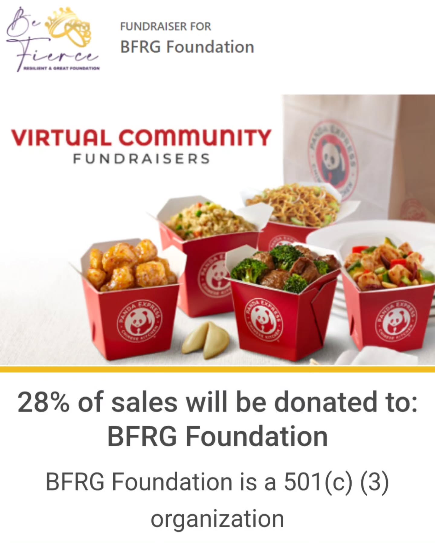 ๐๐ย Support BFRG Foundation with Panda Express!ย ๐๐
Onย Thursday, October 2, 2025, order online fromย any Panda Express location nationwideย and 28% of your order will be donated toย BFRG Foundationย ๐
๐ Where: Panda Express nationwide
๐ When: October 2, 2025
๐ป How: Online orders only โ enterย code 9007990ย at checkout!
โจ Plus, take the pledge to support BFRG Foundation and help us inspire, uplift, and serve as role models for youth. Scan the QR code to join us! ๐
Letโs come together, eat good food, and make a difference!
ย #BFRGFoundation #BeFierceResilientGreat #Fundraiser #PandaExpress #EatForACause #SupportYouth #CommunityStrong #MakeADifference #NonprofitSupport #GiveBack #FundraiserEvent #TogetherWeThrive