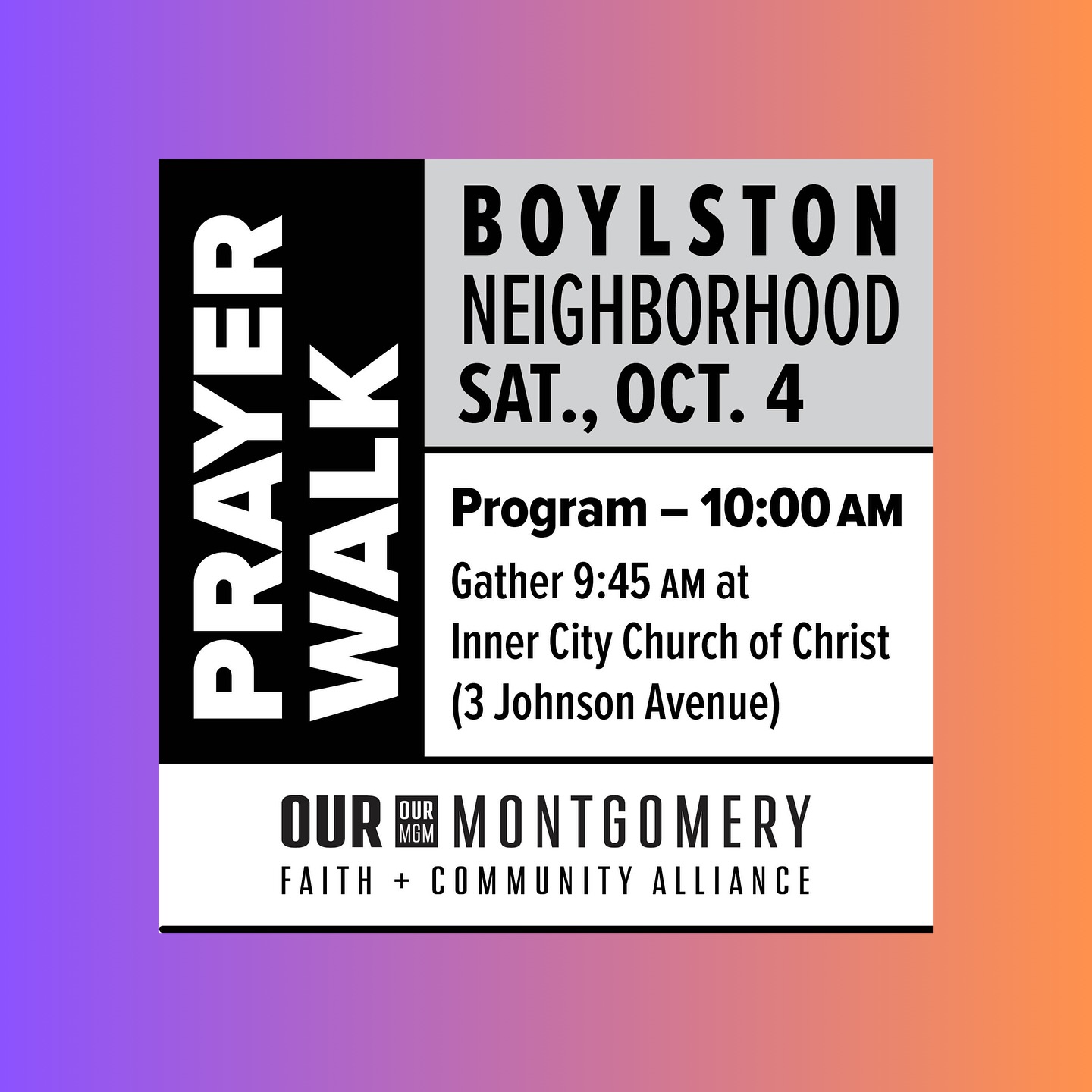OUR Montgomery’s next Prayer Walk will be in the Boylston Neighborhood on Saturday, October 4.
Gather at 9:45AM at Inner City Church of Christ (3 Johnson Avenue), and program will begin at 10:00AM.
Faith and community leaders will lead us in prayer as we walk together in fellowship.
Those unable to attend in person may participate by phone: call 267-807-9611 and use access code 778203.
OUR Montgomery 1st Saturday prayer events are a great opportunity to meet new neighbors, network to make a difference for good, and lift up our city in unity.
Everyone is invited!
www.ourmontgomery.org
#ourmgm
#mymontgomery
#montgomeryalabama