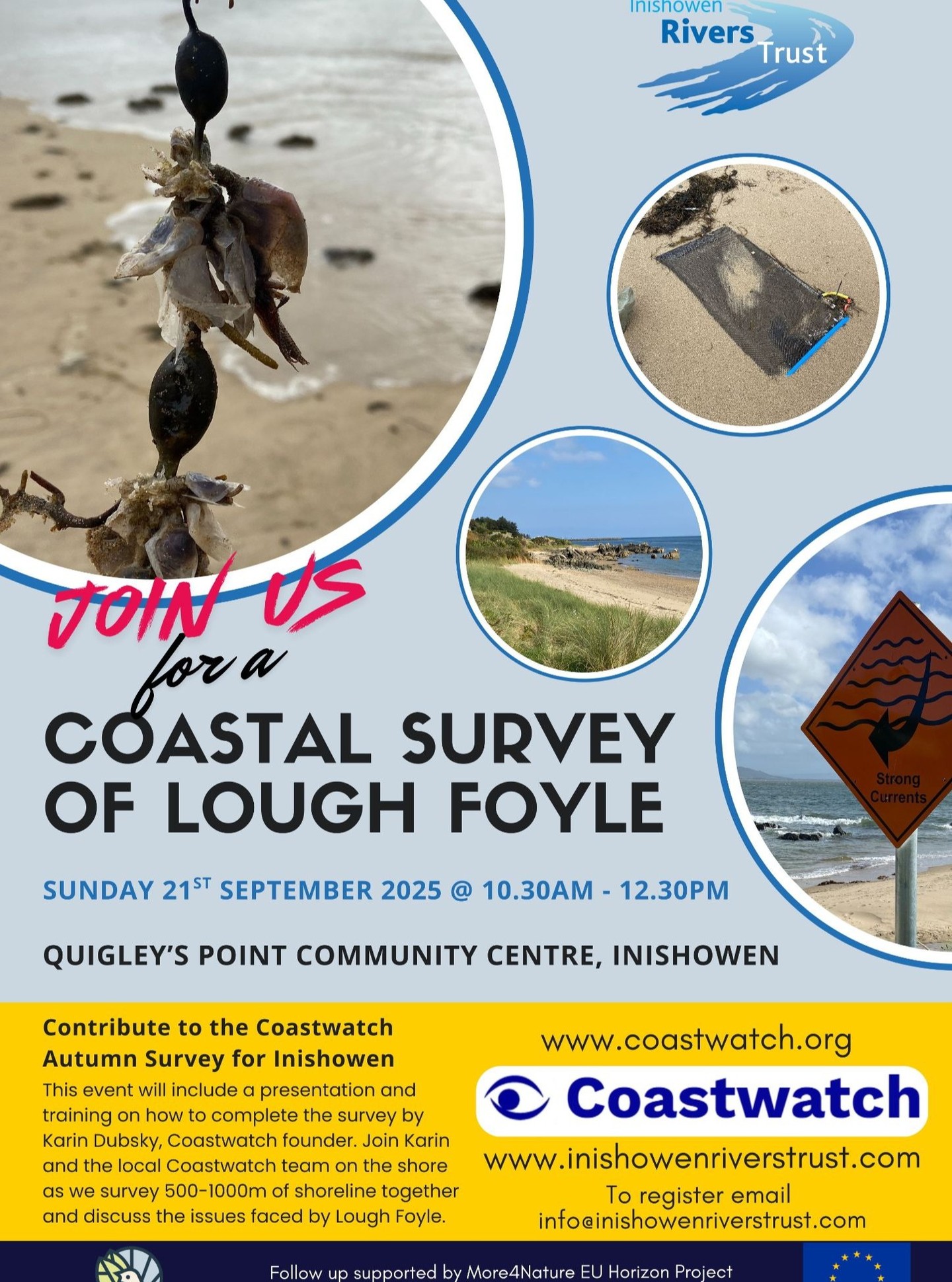 Tomorrow morning at Quigley's Point Community Centre, Inishowen, Coastwatch Founder Karin Dubsky, will present on survey training with joint Donegal regional coordinators, Dr Trish Murphy and Tom Hannigan, focusing on the issues that face Lough Foyle. To register email info@inishowenriverstrust! See you there!
For future surveying check out: https://www.coastwatch.org/all-ireland-survey-autumn-2025