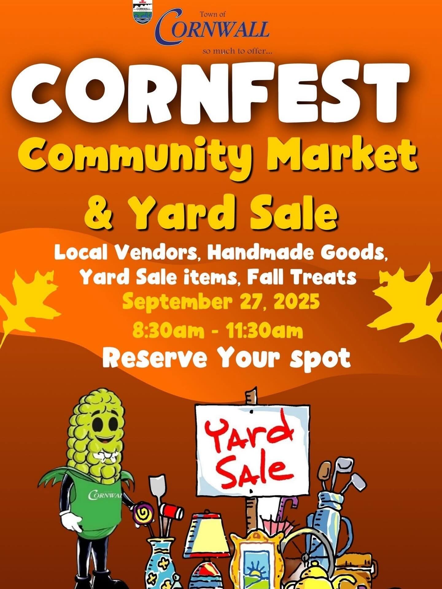 Sign up the Cornfest Community Market & Yard Sale on Saturday, September 27th from 8:30am – 11:30am!
You can take part in two ways:
1. Register your home address to be included on the community map
2. Reserve a table at the Cornwall Civic Centre to showcase your items
It’s the perfect opportunity to clear out treasures, sell your crafts, or connect with neighbors in a fun community atmosphere!
Don’t miss out! Register today!
Register: https://docs.google.com/.../1FAIpQLSdI2oqDGPDLRw.../viewform
or email: cornwalleventspe@gmail.com for more information.