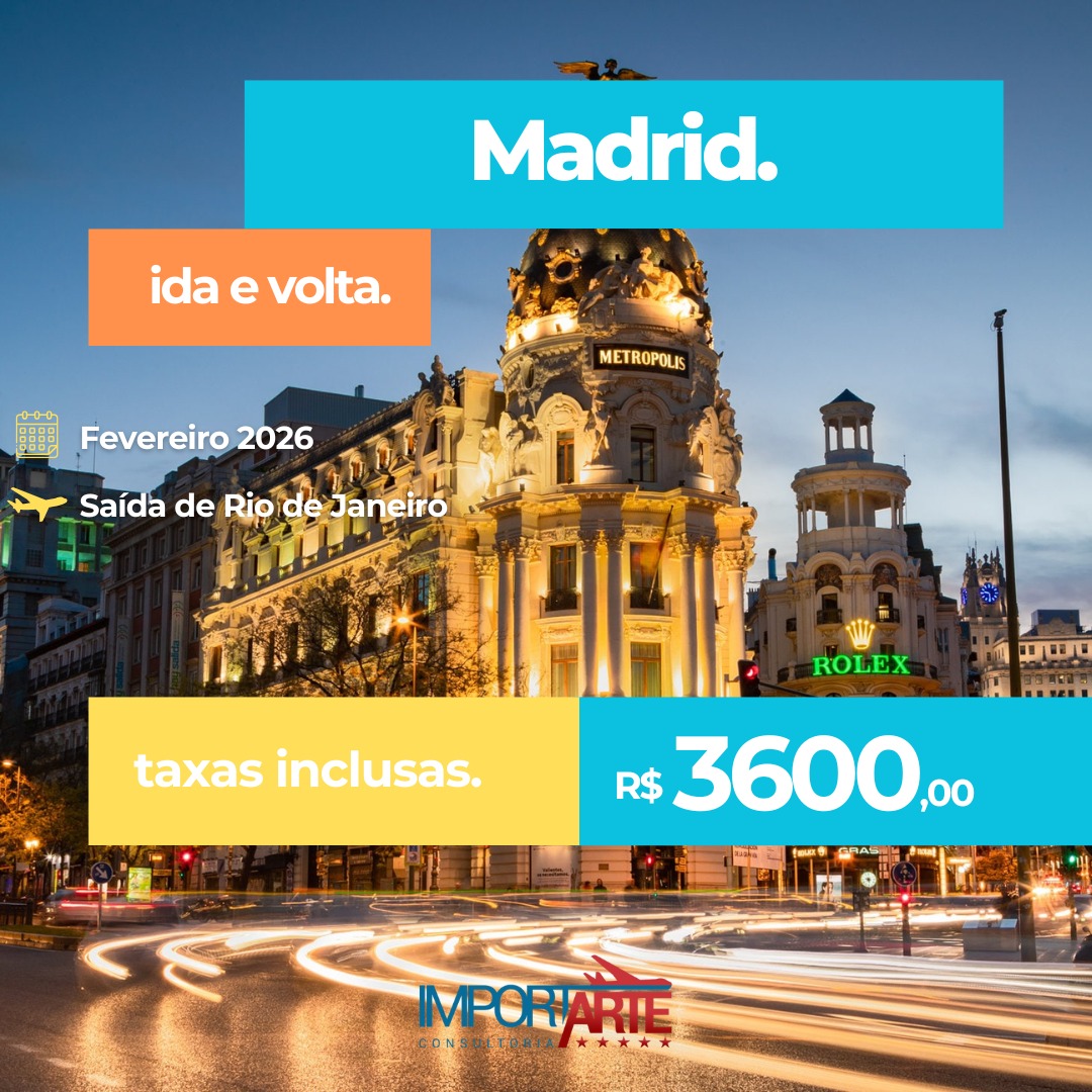 ✈️ Madrid te espera em 2026!
Aproveite essa oportunidade imperdível para conhecer a capital espanhola com todo o charme, cultura e história que a cidade oferece.
✔️ Ida e volta
✔️ Saída do Rio de Janeiro
✔️ Fevereiro de 2026
✔️ Taxas inclusas
Tudo isso por apenas R$ 3.600,00.
Garanta já sua viagem com a Importarte Consultoria e viva essa experiência inesquecível!
#Madrid #ViagemDosSonhos #Europa2026 #Turismo #ViajarÉViver #PromoçãoDeViagem #PassagensAéreas #ViajeMais #CulturaEuropeia #DestinoMadrid #ImportarteConsultoria