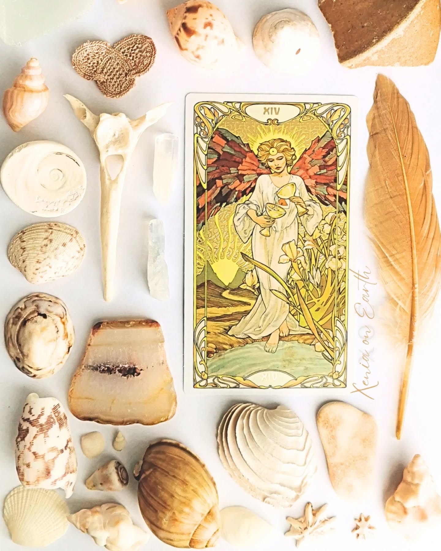 Golden Art of Temperance ✨ A story of treasures gathered, each holding its own medicine, reminding us that equilibrium is not found in one element alone, but in the weaving of many 💛
⚜️ Sea treasures shaped by tides, offerings of the ocean, carried across time and shore.
🐚 Shells of resilience and home, with spirals of protection and sanctuaries shaped by patience.
✨ Crystals of clarity, grown in silence, keepers of light and hidden geometry.
🪶 A feather of lightness, fallen from sky, a messenger of flight and freedom.
🗿 A stone of ancient memory, a keeper of time, holding the slow stories of the Earth in its layered body.
🦴 Bones of the sea’s creatures, relics of movement and breath, reminders of cycles and return.
Together they create a scene of harmony, blending what is earthly and what is ethereal ✨ the ocean, the sky, the earth and spirit in conversation 🌊🌿☀️🕊️