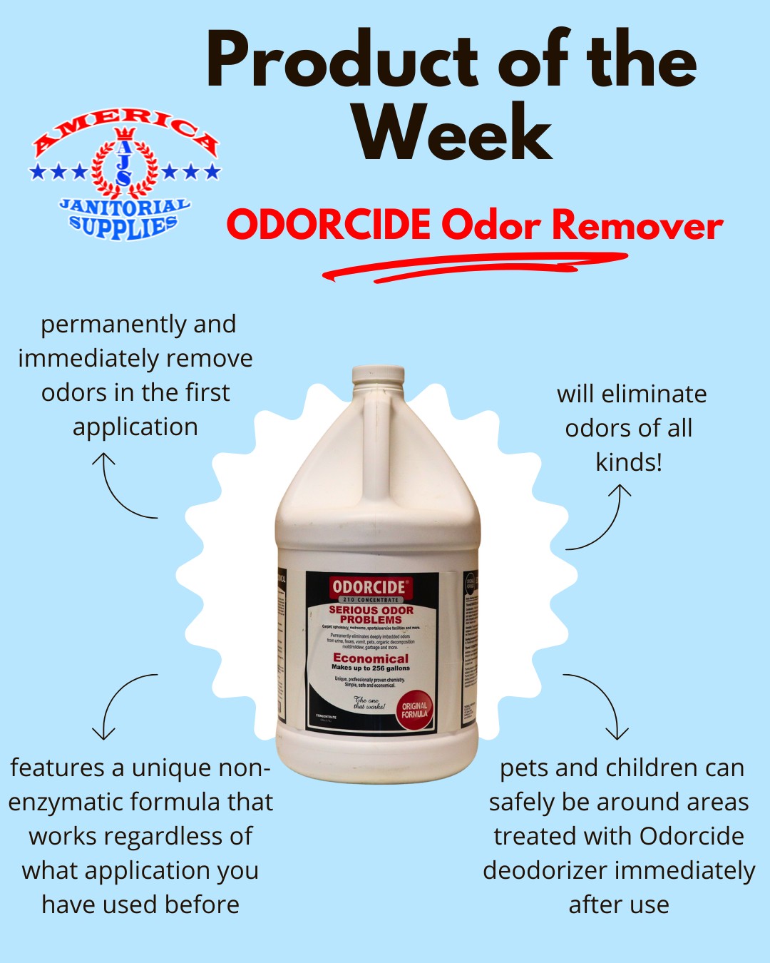 🚨 Product of the Week 🚨 Odorcide Odor Remover is your go-to solution for eliminating odors of all kinds...permanently and immediately.
With its non-enzymatic formula and pet/kid-safe use, it’s a must-have for any cleaning professional. #WeKeepItClean #AmericaJanitorialSupplies
