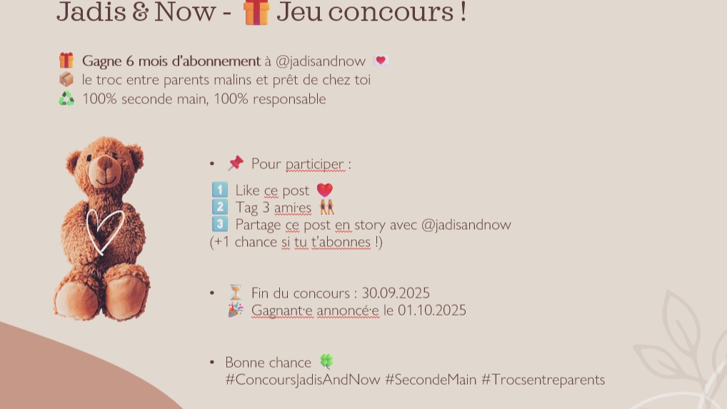 Jadis & Now - la plateforme de trocs pour les parents 🌎
🍀Tentez votre chance !
#secondemain
#secondemainsuisse
#parentsengagés
#parentsecolo
#suisseromande
#enfantsuisse
#2ememainsuisse
#ecofriendlykids