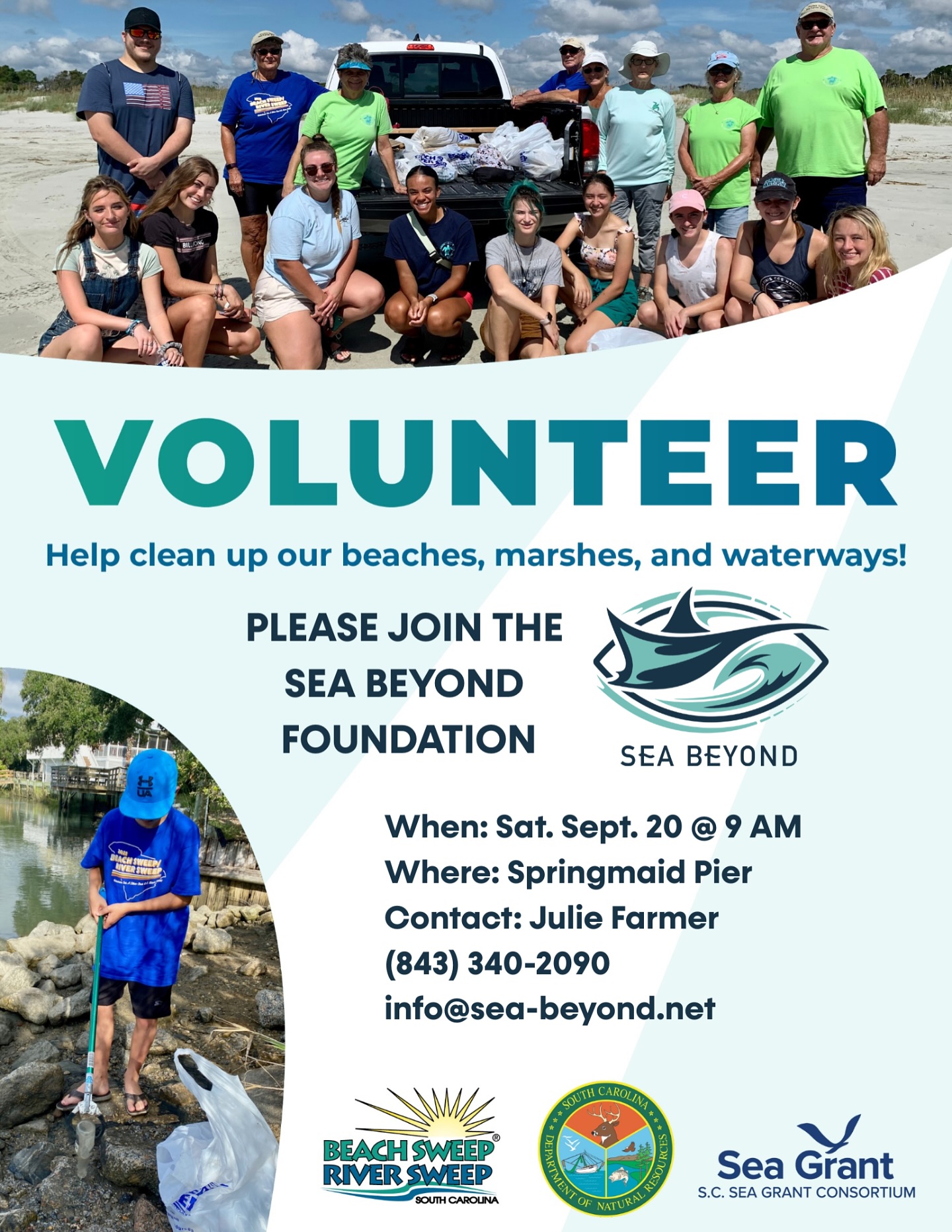 REMINDER - Bring your water and wear your sunscreen for Saturday 9/20/2025 - 9:00 AM
Join us, for the 36th annual Beach Sweep/River Sweep!!
ALL are welcome to come out and volunteer with us to keep our beaches beautiful. All supplies will be provided, so come as you are.
What is Beach Sweep/River Sweep?
Beach Sweep/River Sweep is South Carolina’s largest one-day volunteer waterway cleanup event. Every 3rd Saturday in September since 1988, thousands of South Carolinians clear beaches, rivers, lakes, marshes, and swamps of aquatic debris.
The S.C. Sea Grant Consortium leads the beach cleanup efforts, while SCDNR leads the inland cleanups. The Sweep takes place in conjunction with the International Coastal Cleanup, coordinated by the Ocean Conservancy.
Join your local Cleanup!
The Sea Beyond Foundation is proud to annually partner with the S.C. Sea Grant Consortium by hosting the Beach Sweep at the Springmaid Pier.