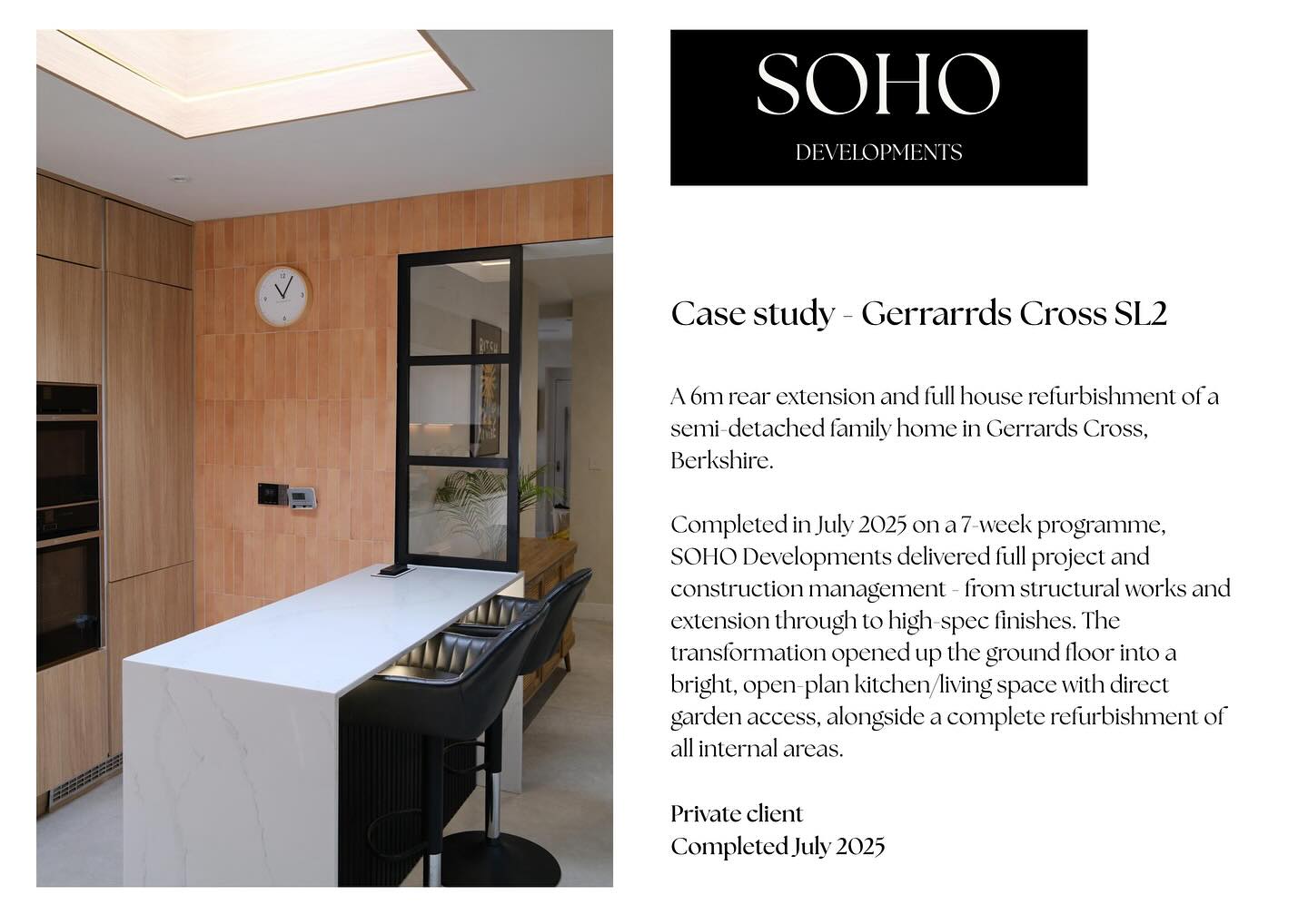 A six-metre extension and full house refurbishment, completed in just seven weeks. From structure to finish, every element was designed and delivered by SOHO.
This project brings together bespoke cabinetry, wall panelling, lime-wash finishes and refined detailing - a home that balances craftsmanship with contemporary design.
Swipe through for the full story.
SOHO Developments | High-end residential extensions, loft conversions & full refurbishments