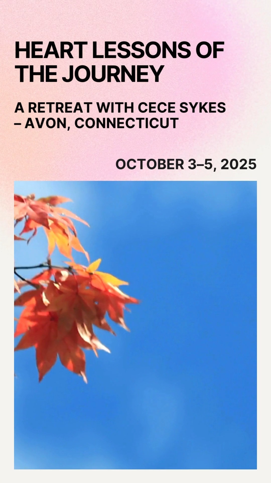 ✨ HEART LESSONS OF THE JOURNEY ✨
A nourishing 3-day retreat with Cece Sykes in beautiful Avon, Connecticut, USA 🏞️💚
📅 October 3–5, 2025
This unique workshop is designed for therapists to pause, reflect, and reconnect with their own story. 🌿🧘♀️
💭 Explore questions like:
💡 How did you become a psychotherapist?
💡 How have your personal struggles shaped your professional path?
💡 Have you taken time to truly hear your own heart lessons?
As expert listeners, we spend countless hours supporting others, yet our own evolving life deserves to be heard and honoured too. 🌸💫
Come join us for a weekend of insight, connection, and gentle self-discovery. 💖✨
#CeceSykes #HeartLessonsRetreat #TherapistRetreat #IFSCommunity #TherapistLife #HealingJourney #SelfReflection #TherapistSupport #EmotionalWellness #TherapistGrowth #InnerWork #TherapistHealing #IFSRetreat #ConnecticutRetreat #TherapyJourney #HeartLessons #PersonalGrowth #TherapistCommunity #MindfulTherapist #TherapistCare #ProfessionalHealing