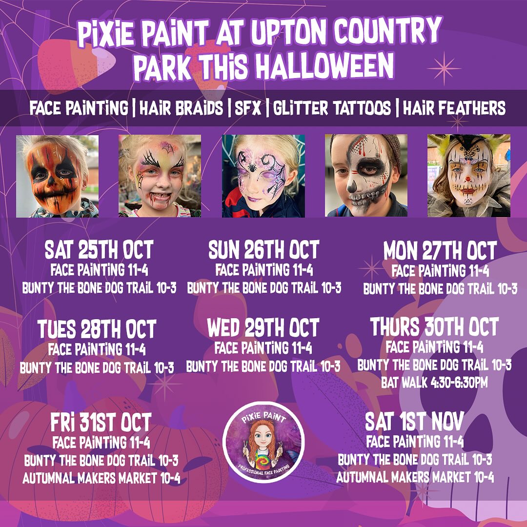 I’m so excited for halloween next month! You’ll find me at @uptoncountrypark from Saturday 25th October to Saturday 1st November, 11am–4pm, with brand new spooky Halloween face paint designs. I’ve been busy creating gems, horns and more to take all your face paint to a whole new level.
There’s lots happening at the park too, including:
🦴 Bunty the Bone Dog’s Halloween Trail (25 Oct–2 Nov, 10am–3pm, £4.50 incl. prize) Fancy dress encouraged!
🦇 Bat Walk (Thu 30 Oct, 4:30–6:30pm)
🍁 Autumn Makers Market (Fri 31 Oct & Sat 1 Nov)
☕️ Plus themed refreshments, Adventure Golf, arts & crafts and more.