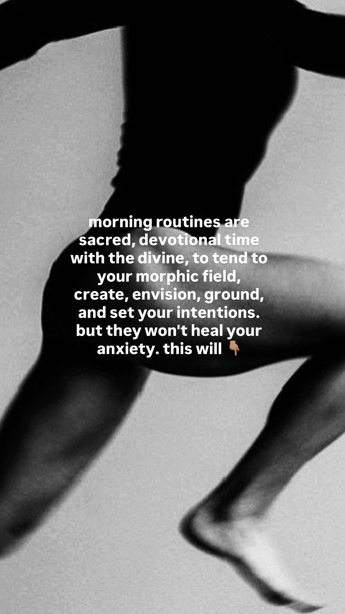 Your morning routine can manage your anxiety, for sure. It can be an anchor that helps you keep your head above water, and thank goodness for that.
But managing isn’t the same as healing. Aka. it isn’t the same as integrating. It isn’t the same as increased capacity.
Do YOU want to be managed? Yeah, neither does the squirmy, uncomfortable knot in your chest (because it’s is a *part of you trying to be expressed*).
Because management is containment, which is the opposite of expression.
Take the definition of ‘regulation’:
**according to the rules or the usual way of doing things. the rules or systems that are used by a person or organisation to control an activity or process. the use of rules, incentives and penalties to change the behaviour of individuals or organisations. a rule or order issued by an executive authority or regulatory agency of a government and having the force of law.
Necessary? Yes, sometimes. Rules can keep us safe and give us direction.
But is this what you want to be always striving for?
Now I know your Good Girl freaking loves to follow a rule and lap up the validation for doing so, but does your *soul* want to be contained within the ‘usual way of doing things’? Who exactly is this executive authority lording it over you with the force of law!? Is it you?
You’ve mastered ‘regulation’ and you’re still stuck. So comment ‘beyond’ and I’ll send you my free Nervous System Guide, it’ll show you the next step towards unleashing yourself from the perpetual rules and regulations so you can start to integrate what your SOUL wants from life, too.
—————
#nervoussystemhealing #nervoussystemregulation #nervoussystemreset #nervoussystemsupport #somatics #somaticcoach #somatichealing #somaticpractice #anxiety #healingjourney