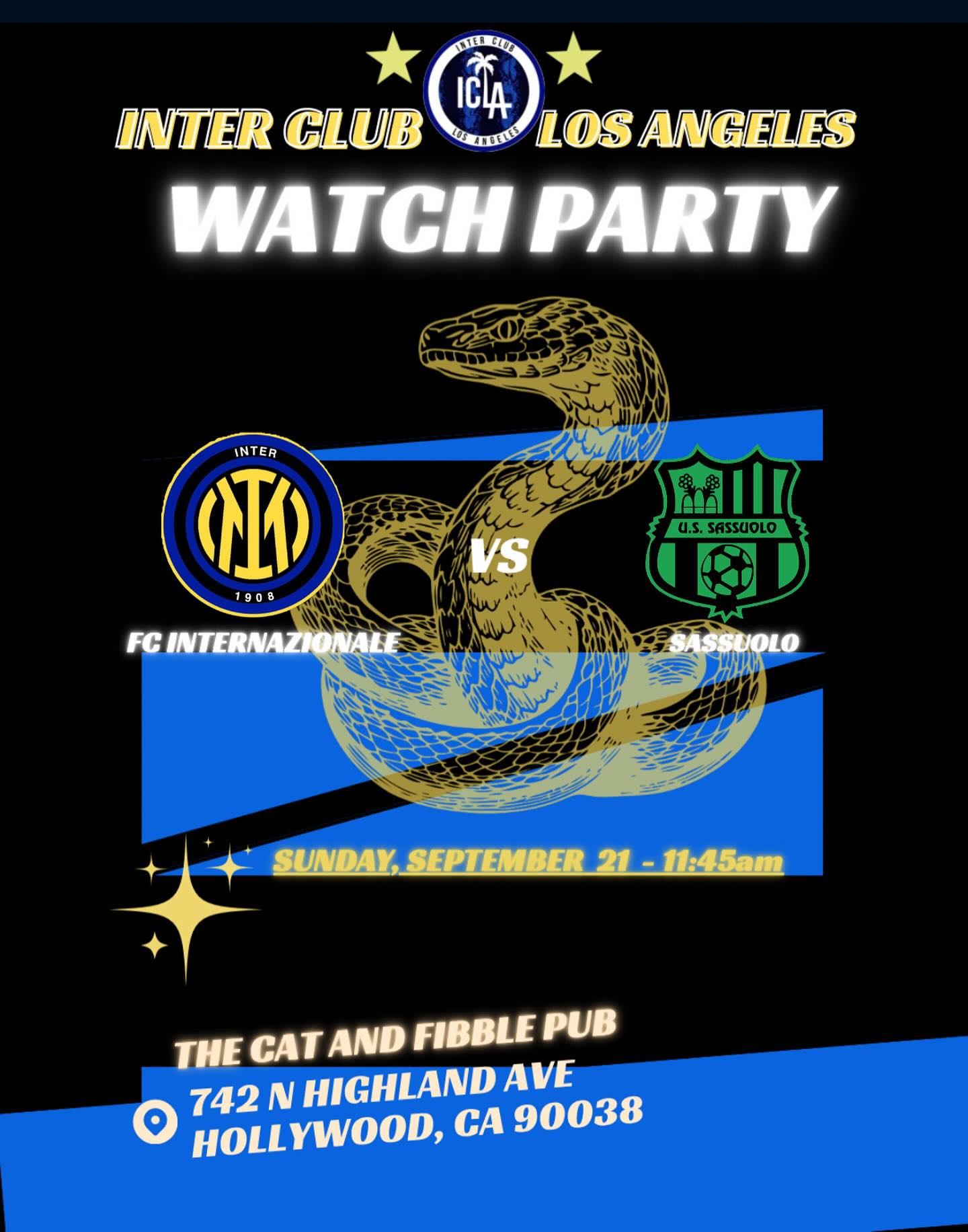 Good afternoon Interisti,
FC Internazionale - Sassuolo
Sunday, September 21st - 11:45am
Will be hosted at the Cat and Fiddle Pub:
742 N Highland Ave
Hollywood, CA 90038
AVANTI INTER ⚫️🔵
#inter #interclublosangeles #fcinternazionalemilano #fcinternazionale #curvanordmilano #intermilanfc n #fcinter #inter #intermilan #cuoreneroazzurro🖤💙 #fcim