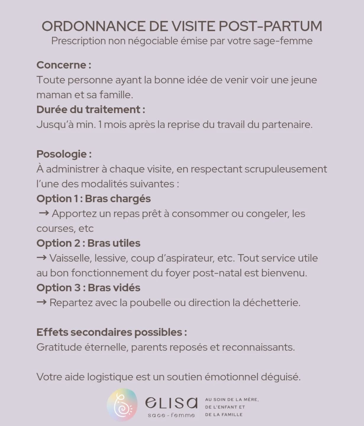 L'heure a sonné.
Il est temps de distribuer cette ordonnance à toutes vos futures visites en post-partum.
Pour rappel, une visite post-natale de devrait pas durer 4h, les pieds sous la table en laissant tout en plan en partant. Les nouveaux parents ne sont pas en vacances ni en congé. Votre soutien émotionnel et logistique est précieux.
Merci pour eux 🫶🏻
#ordonnancesagefemme #visitespostpartum #postpartum #prendresoindesmeres #congeparental