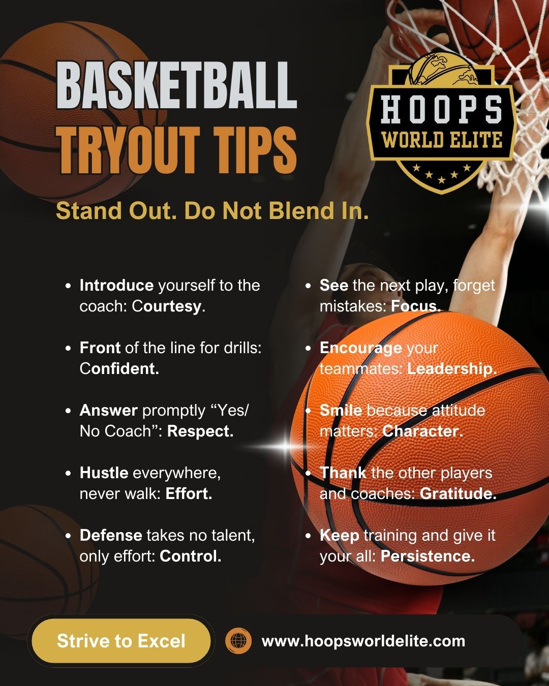 Want to stand out at tryouts?
👀 It’s not just about talent: it’s about the little things that show coaches who you are on and off the court.
✅ Courtesy → Introduce yourself to the coach
💪 Confidence → Front of the line for drills
🙌 Respect → Answer promptly “Yes/No Coach”
⚡ Effort → Hustle everywhere, never walk
🛡️ Control → Defense takes no talent, only effort
🎯 Focus → See the next play, forget mistakes
🤝 Leadership → Encourage your teammates
😃 Character → Smile, because attitude matters
🙏 Gratitude → Thank the other players & coaches
🔥 Persistence → Keep training and give it your all
Do these, and you’ll leave an impression bigger than any stat sheet. 💯
U14-U15 typuts
📍 Next tryout: Sep 20, 9 AM at the Velodrome in Carson
👉 Sign up now at www.hoopsworldelite.com/tryouts
#HoopsWorldElite #BasketballTryouts #YouthBasketball #LAHoops #OCBasketball #LeadershipOnAndOffTheCourt