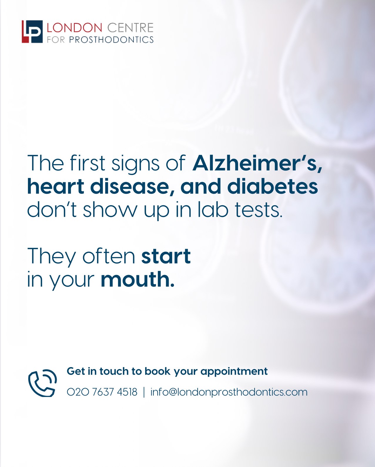 The first signs of Alzheimer’s, heart disease, and diabetes don’t always appear in lab results—they often start in your mouth. Your oral health is deeply connected to your overall health, and changes in your gums, teeth, or tongue can be early warning signals of serious conditions. Regular dental check-ups aren’t just about keeping your smile bright—they can play a vital role in detecting and preventing health issues before they progress.
Get in touch with our team to book your appointment - we look forward to seeing you soon!
The London Centre For Prosthodontics
29 Weymouth Street
London, W1G 7DB
020 7637 4518
info@londonprosthodontics.com
Monday - Friday: 7:30am - 4:30pm
#MaryleboneDentist #LondonSmiles #HealthyTeethMarylebone #DentalCareLondon #SmileMakeover #MaryleboneOralHealth #LondonDentalExperts #CosmeticDentistry #TeethWhiteningMarylebone #EmergencyDentistLondon #MaryleboneOrthodontics #LondonDentalClinic #DentalCheckup #MaryleboneDentalCare #SmileTransformation
#LondonOralCare #MaryleboneDentalHealth #FamilyDentistLondon #TeethCleaningMarylebone #CosmeticDentistLondon #MaryleboneTeeth #LondonDentalHygiene#MaryleboneOrthodontist #OralWellnessLondon #PreventiveDentistry #MaryleboneDentalServices #LondonDentalSpecialists #MaryleboneHealthySmiles #LondonDentistry #AdvancedDentalCare