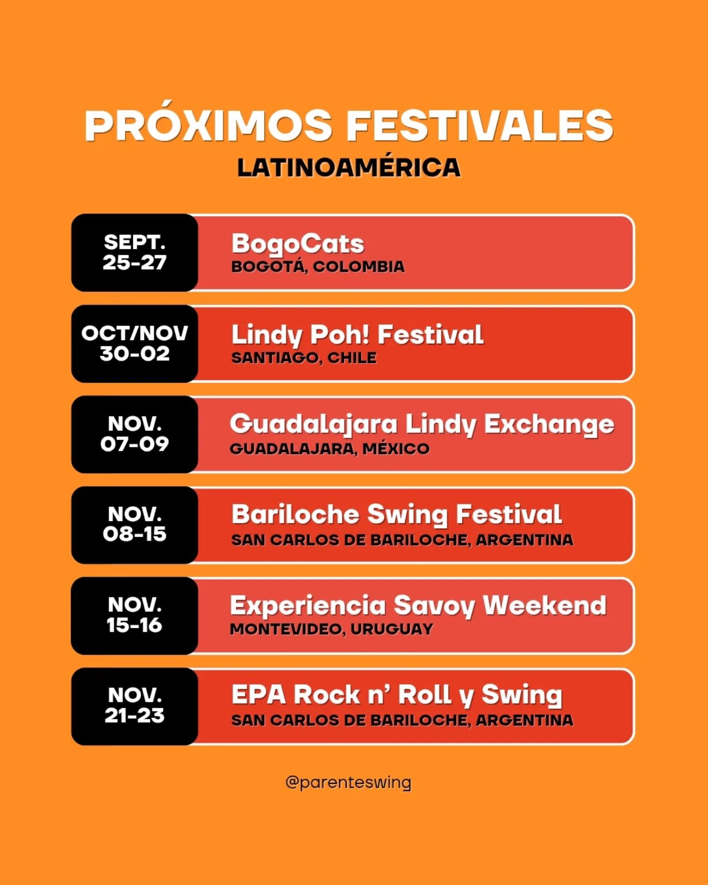 ✨️Calendario Actualizado✨️
❤️🔥A preparar los zapatos 👞✨ (y el bolsillo 💸) para vernos en las pistas de todos los festivales que se vienen en Latinoamérica 🌎🎶
🔥 @lindyhop_bogota
🔥 @lindypohfestival
🔥 @gdllindyexchange
🔥 @bariswingfestival
🔥 @swing_by_mvd
🔥 @epa.rockyswing
Síguelos, comparte y nos vemos bailando en las pistas de LATAM! 🌟
#swingdance #swingdancing #lindyhop #lindyhopperslife #lindyhopdance #swingdancelatam #lindyhoplatinamerica #swingdancefestival #swingdancefest #lindyhopfestival