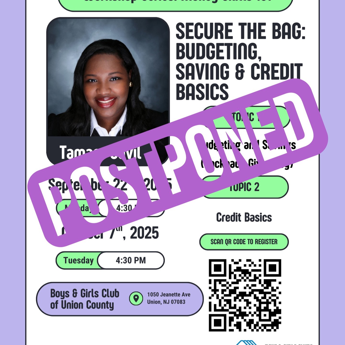📢 Workshop Postponed
Due to unforeseen circumstances, our Money Skills 101: Secure the Bag Workshop scheduled for Monday, September 22, 2025 has been postponed.
We apologize for the inconvenience and appreciate your understanding. A new date will be announced soon, so please stay tuned for updates.
Thank you for your continued support as we work to bring you this valuable session in partnership with Boys & Girls Clubs of Union County.
— L-Train Memorial Foundation