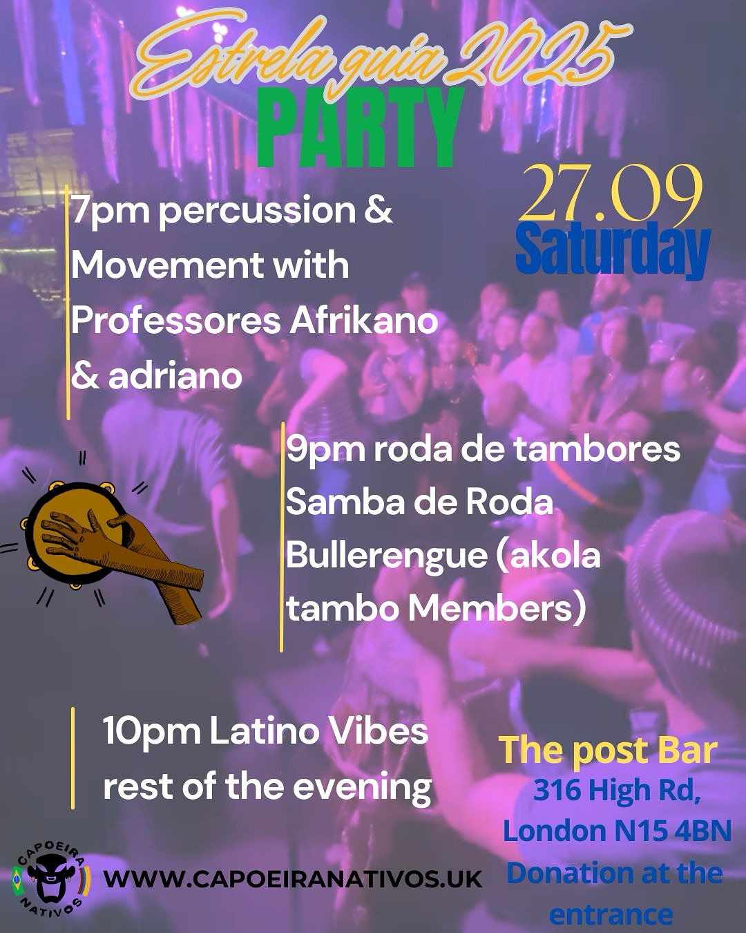 Our Famous & unforgettable party Of Nativos!
Expect 🔥 and 🪘 🥁 💃🏻 🕺🏻
27th of Sep at the Post bar!
Come and experience the Brazilian and Colombian drums!
From 7pm free entrance
Donation accepted