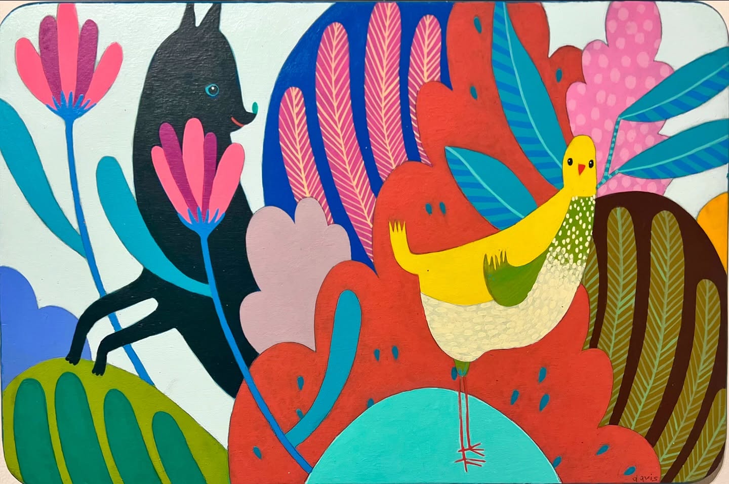 Collect Call 6 Collectors Carrie McCabe-Johnston and Jasha Johnston are celebrating the artists in their collection by inspiring others to include their artwork in their own homes. The unique aspect of this celebration is that the pieces on display are available for sale, allowing you to expand your collection with works by these talented artists.
Collect Call opens October 18th from 6-9PM. Today’s highlighted artist is @jenniferdavisart
Jennifer Davis is a Minneapolis-based visual artist known for her colorful, imaginative paintings of surreal oddities, characters that explore themes of human emotions and private experiences. A graduate of the University of Minnesota’s BFA program, her work includes mixed media, sculptures, and large-scale murals for public and private clients. Davis’s style blends playful humor with an undercurrent of darker, more mysterious emotions, creating narrative-rich compositions with bold colors and intricate details.
“Cat and Bird”, Acrylic on Wood, 2025, $500