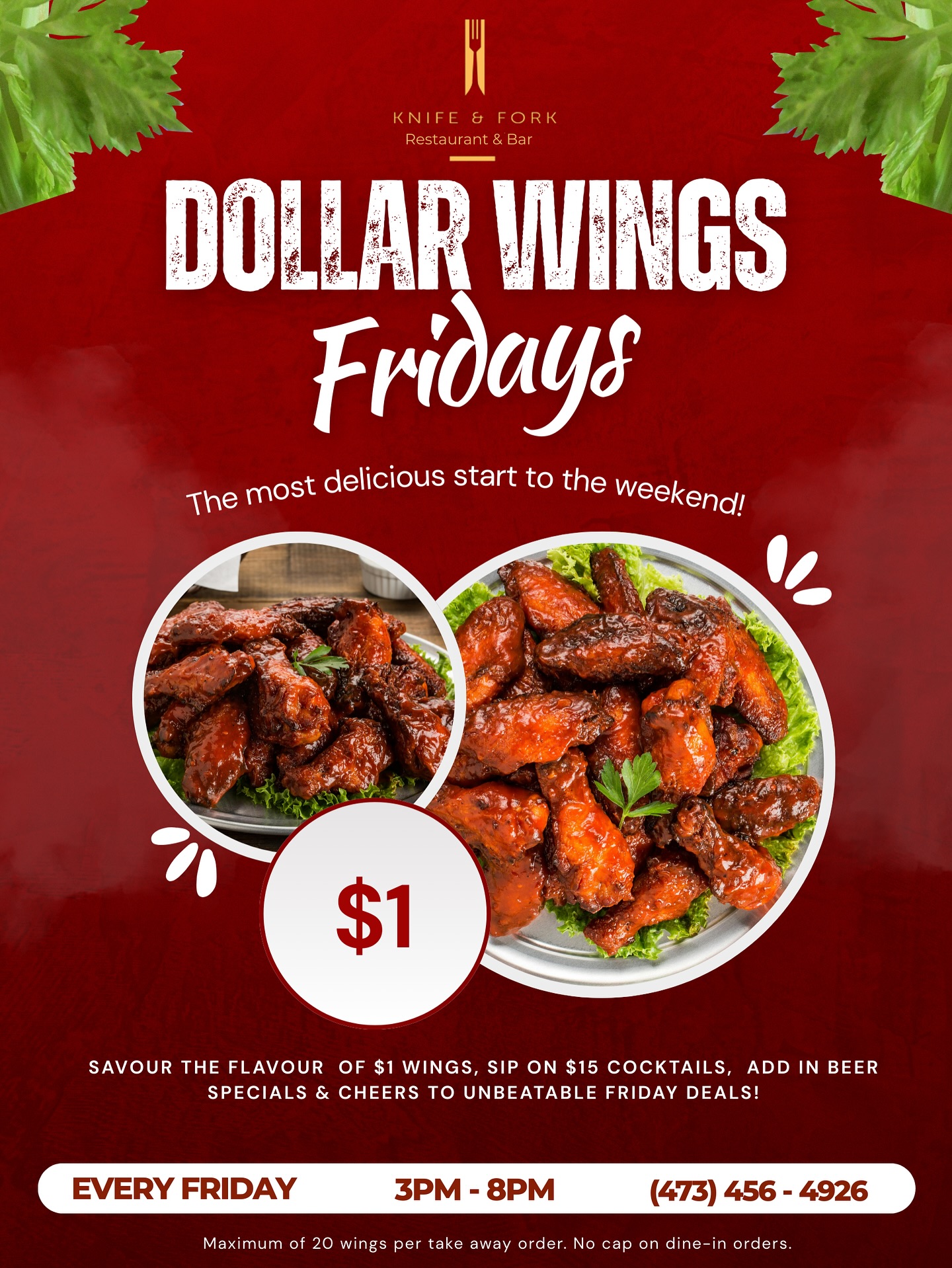 Fridays just got even better! 🔥 Join us from 3–8PM for Dollar Wings Fridays, The only place you need to be to kickstart your weekend.
✨ What’s on the menu?
- $1 Crispy, BBQ, Honey BBQ & Spicy BBQ wings
- $1.50 Korean BBQ wings
- $15 Cocktail Specials: Piña Colada, Amaretto Sour & Rum Punch 🍹
- 3 for $18 Carib/Stag 🍻
- Fish & Chips Special 🎣🍟
Take away is max 20 wings per order....but dine-in has no cap 👀 so bring the crew and eat your fill!
Whether you’re here for the cocktails, the wings, or just the vibes, Dollar Wings Fridays is the weekend starter you didn’t know you needed. Tag your wing crew and let’s see who can take down the most plates!