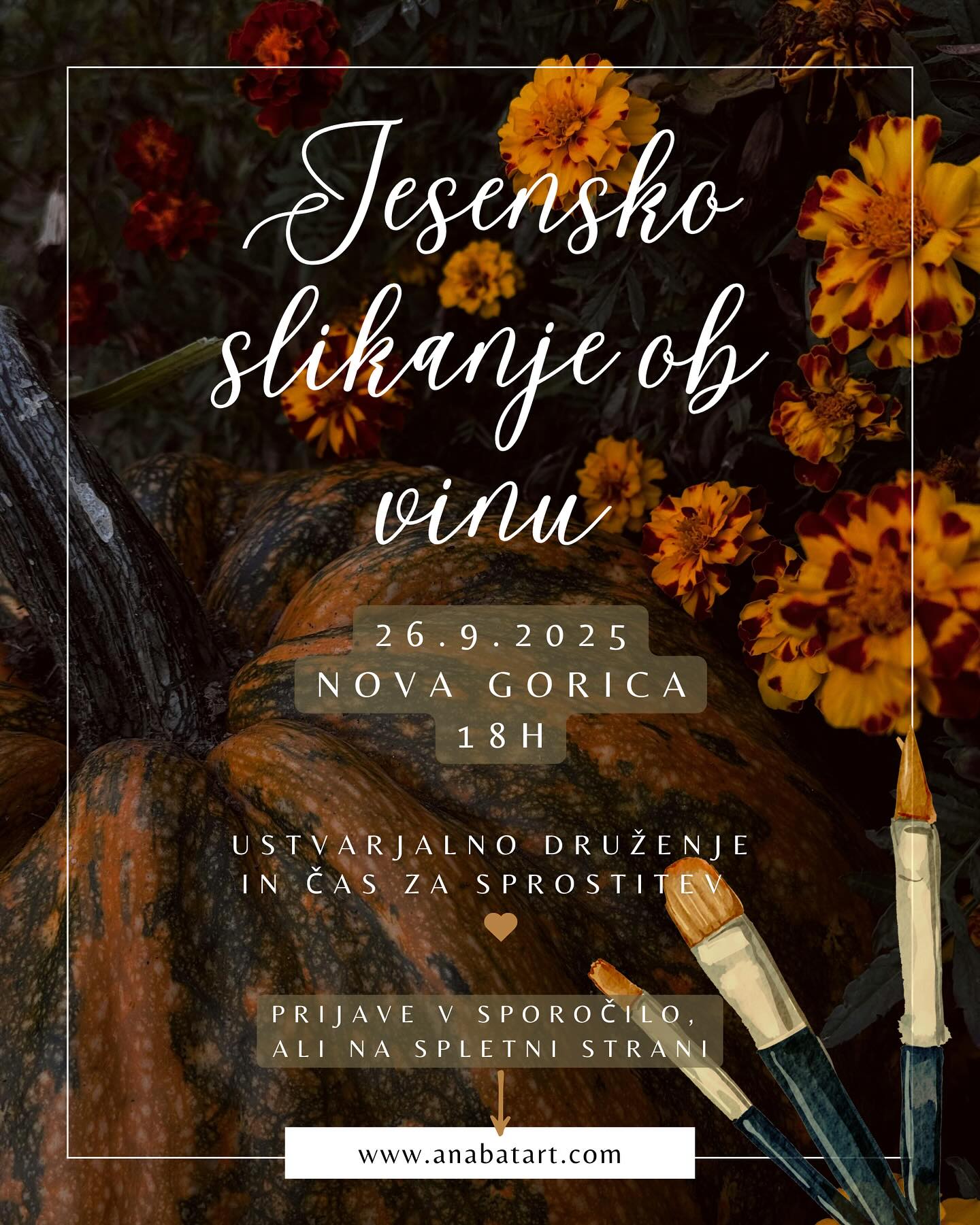 ✨ Še nimaš planov za petek zvečer?
Pridi na sproščen večer art & wine 🍷🎨 – ob kozarčku vina slikamo korak za korakom. Predznanje res ni potrebno, samo dobra volja in malo želje po ustvarjanju. 💫
👉 Več info: www.anabatart.com/umetniske-delavnice
ali pa mi kar napiši v ZS 😉
Domov odneseš svojo sliko 🖼️ in lepe spomine.
#anabatart #slikanjevzivo #artandwine #sipandpaint #ustvarjalnodruženje
Na kateri dan bi ti bilo najlažje udeležiti se delavnice? ☺️