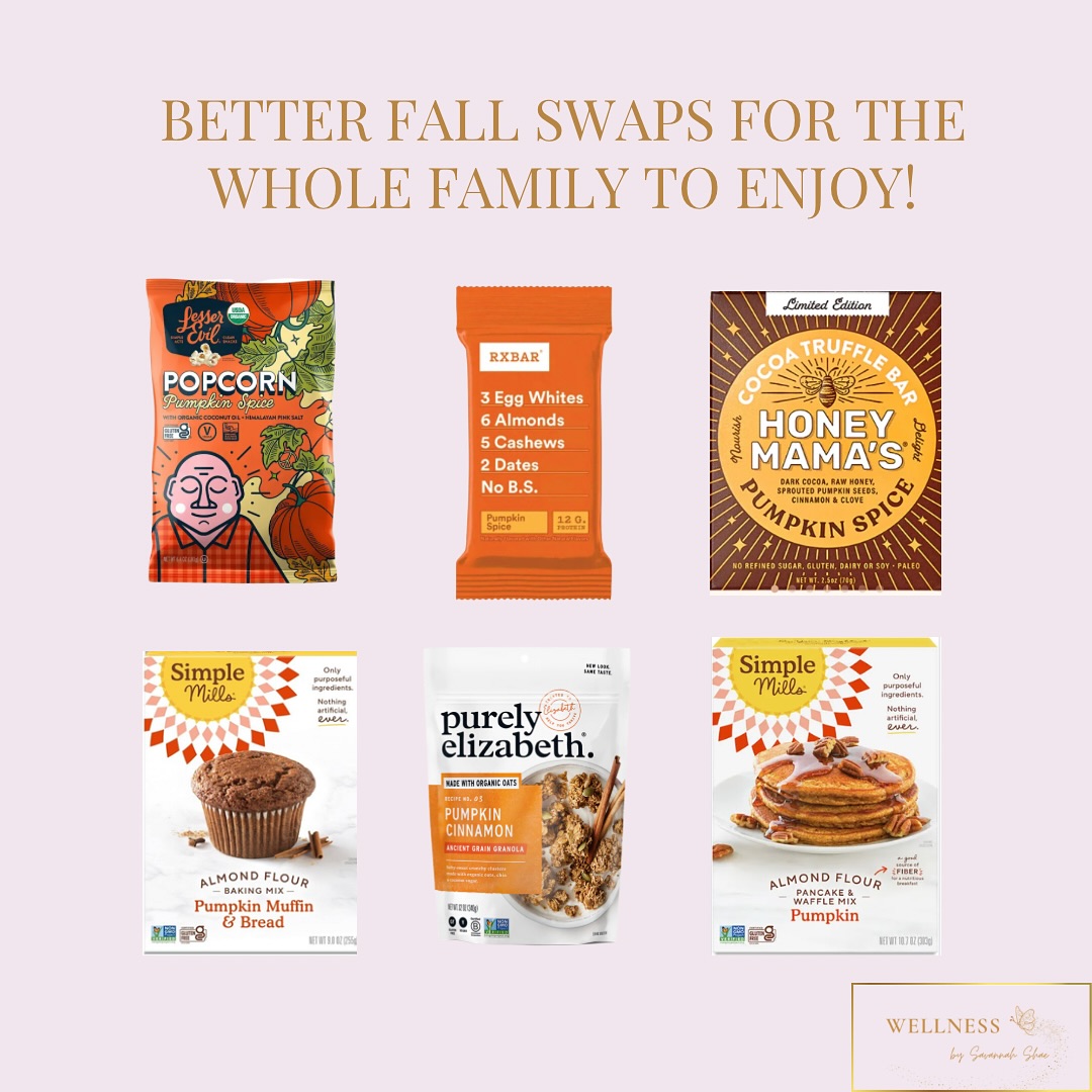 Better fall swaps and dye-free candy for the whole family to enjoy!
Remember, it doesn’t have to look perfect! Progress over perfection! We’re all doing the best we can making swaps for our families. Of course, we know that whole foods in their whole form is the goal majority of the time, but seasonal snacks are fun to have! When you can, choose better swaps for you and your family! These brands are some great brands to reach for instead of brands with the unnecessary ingredients.
As you know, everyone’s dietary needs are different! Many of these snacks are paleo, and most of them are gluten-free, but some of these snacks include corn, dairy, oats, and cane sugar! Choose the snacks that fit yours and your family’s dietary needs.
Brands:
@lesserevilsnacks
@simplemills
@rxbar
@honeymamas
@purely_elizabeth
@cleansimpleeats
@baseculture
@larabar
@yumearth
@sprouts
@unreal.snacks
@iqbar
@malkorganics
@sevensundayscereal
@culinayogurt
@mush
@bearfruitsnacks.us
@eatnuttzo
@skoutorganic
@loveandchewbrands
@larkellenfarm
@jacksallergenfriendlybakery