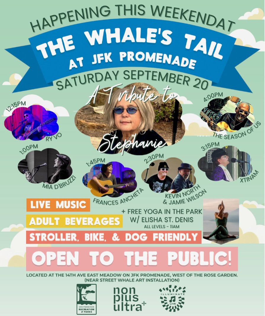 Please join me #Saturday 9/20 @thewhalestail_sf in beautiful @goldengatepark for a #special show paying #tribute to a wonderful #musician Stephanie who we lost earlier this year. It’s a fantastic lineup of #talent, and an honor to be on this bill - hope to see you there. ❤️ Thank you @kevinnorthband @sunset_mercantile_music @steffenfranz @illumin8live