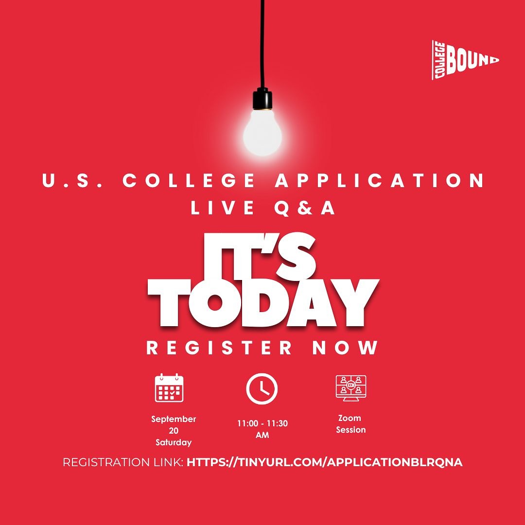 It’s today.
I’m hosting a Q&A session on U.S. college applications. Join in!
🗓 Saturday, Sept 20
⏰ 11:00 – 11:30 AM IST
📍 Zoom Session
This space is for students and parents to ask questions directly about:
- Common App & timelines
- Essays, recommendations & activity lists
- Scholarships & financial aid
- Choosing the right colleges
🔗 Register here: https://tinyurl.com/ApplicationBlrQnA
@ramyaashok
#CollegeBoundExperts
#CollegeAdmissions
#USCollegeApplications
#CommonApp
#CollegeEssays
#ScholarshipsForStudents
#FinancialAid
#StudyAbroad
#StudyInUSA
#InternationalStudents
#GlobalEducation
#EducationAbroad
#IndianParents
#IndianStudents
#StudyAbroadIndia
#FutureAbroad
#CollegeInUSA
#HigherEducation
#ApplicationSeason
#StudentSuccess
#ParentingTeens
#DreamBig