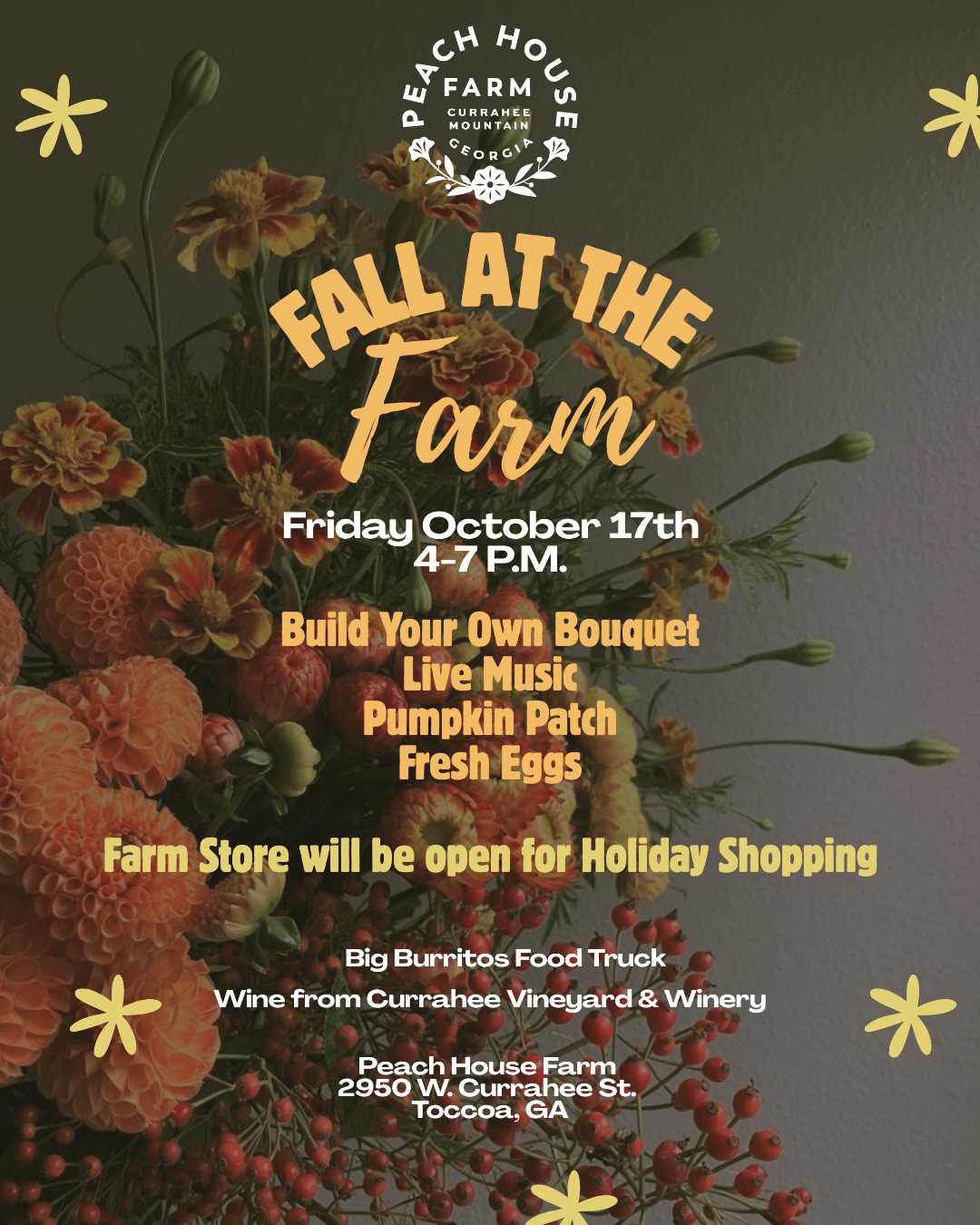 Howdy y'all ~ we are SO excited that fall is finally here and we want to celebrate it with you! 🍁🎉
Join us for Fall at the Farm where we will ring in the harvest season with great food, wine and music plus a cozy bonfire to relax and make s'mores with your friends. We will have the flower bar set up for you to make your own bouquet as well as plenty of farm-made goods to get ahead on your holiday shopping. Get your porch pumpkins, wreaths and other fall themed decor while you're at it! ✔🎁
Friday, October 17th from 4-7pm. See you there!! 🌻🍂🍷🔥🧡