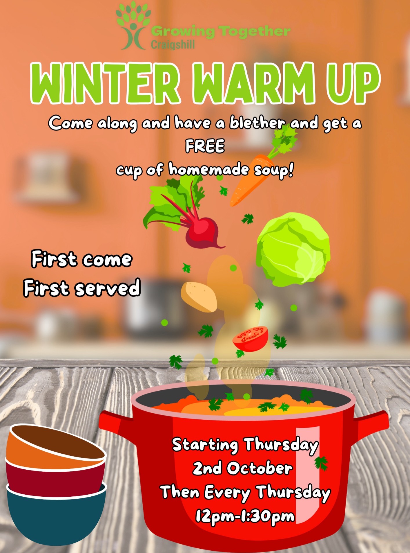 🥣 Starting Thursday 2nd October, join us every Thursday from 12pm – 1:30pm for a free warming bowl of soup and some friendly company. 💚 👉 First come, first served!
📍 Spark, 2 Almondbank, The Mall, Livingston, EH54 5EJ
A perfect way to warm up, share a meal, and connect with the community. 🥦🍅 @spark_livingston @westlothianyouthaction @ Almond Housing Association