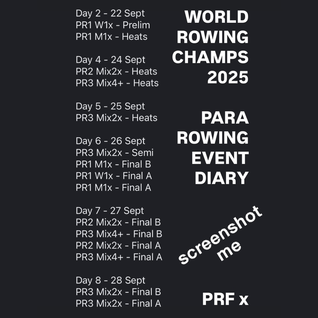 🇨🇳 Shanghai, PRC
🥳 Opening ceremony today.
🦿 Para events start tomorrow.
😁Here’s what’s happening on which days as an easy-to-follow resource.
📆Take a screen shot and mark your calendars to follow the action.
#ParaRowing #everyBODYrowing
