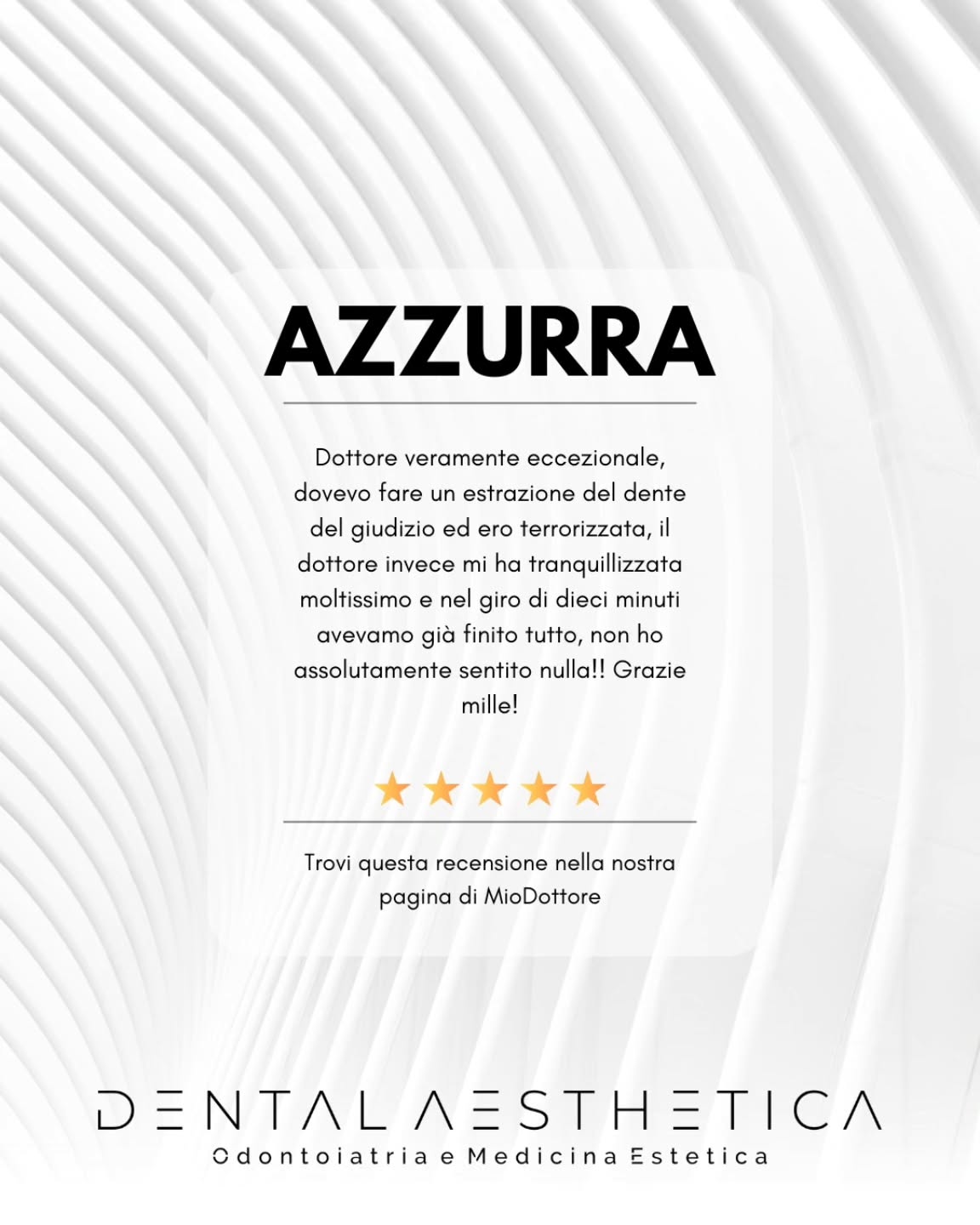 Il dentista, molto spesso, si sceglie sulla fiducia e in base alle referenze degli altri.
👨🏻⚕️ good job, Dottor Marinelli!
Trovi questa e molte altre recensioni sulle nostre pagine Google e MioDottore.
Prenota ora la tua visita in Dental Aesthetica.
🔗 link in bio
📱 375 88 47 069
#dentista #dentistaroma #recensioni